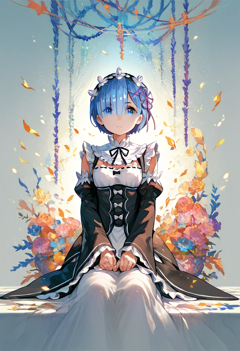 (score_9,score_8_up),score_7_up,score_6_up,score_5_up,source_anime,1girl,fuzichoco_style,colorful,sitting,light particles,looking at viewer, rem \(re:zero\),