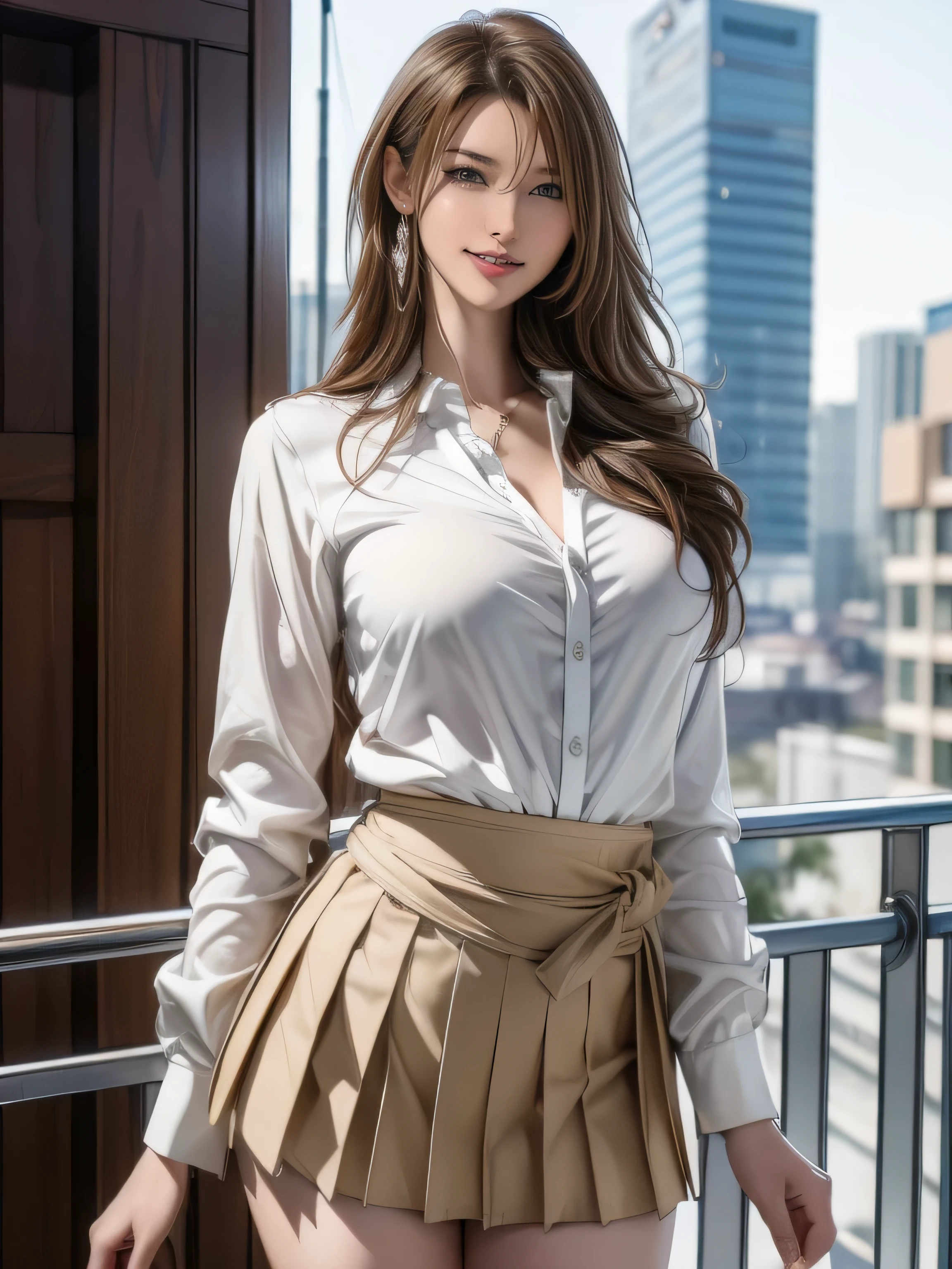 8K Ultra HD、Digital SLR Camera、soft light、high quality、Volumetric Lighting、frank、photo、high resolution、4K、8k、Bokeh，The eyes and face are very detailed， sharp pupils，Delicateeyes, Delicate lips, extremely Delicateeyes, Show a bright smile, Create stunning girl images, warm color, Very high color saturation，The legs look very long from the front，dynamic poses，Normal posture，Japanese female models，Golden Ratio, Minimalism，Transparent and visible skin，Sheer silk shirt，Transparent silk maxi skirt，Transparent underwear，High waist，Brown hair、Invisible cyberpunk hairstyle，Cleavage、Exposed breasts、sexy、very detailed breasts, d cup size，Dark Alley Background