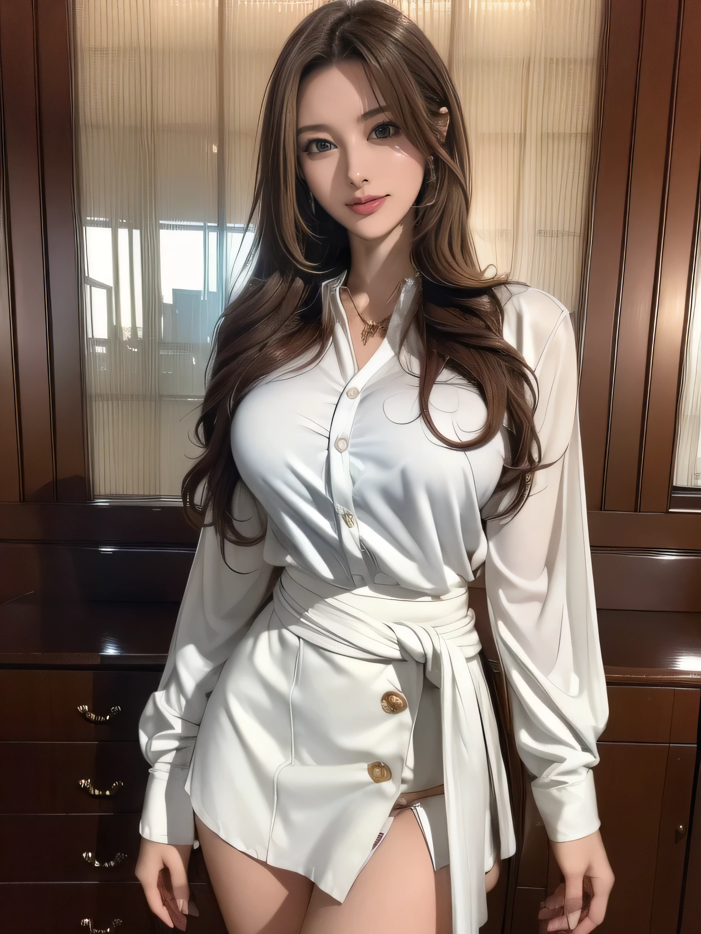 a 27 year old face of the most beautiful actress in the world, the perfect body proportions of a female, sexy tight formal shirt is worn on female upper body, female genitalia of naked lower body, detailed vagina between opened legs, exposed vagina between opened labia, female pubic hair, sitting on a sofa of the living room, nsfw, best quality, highly detailed, masterpiece, ultra high res, photo realistic, 8k