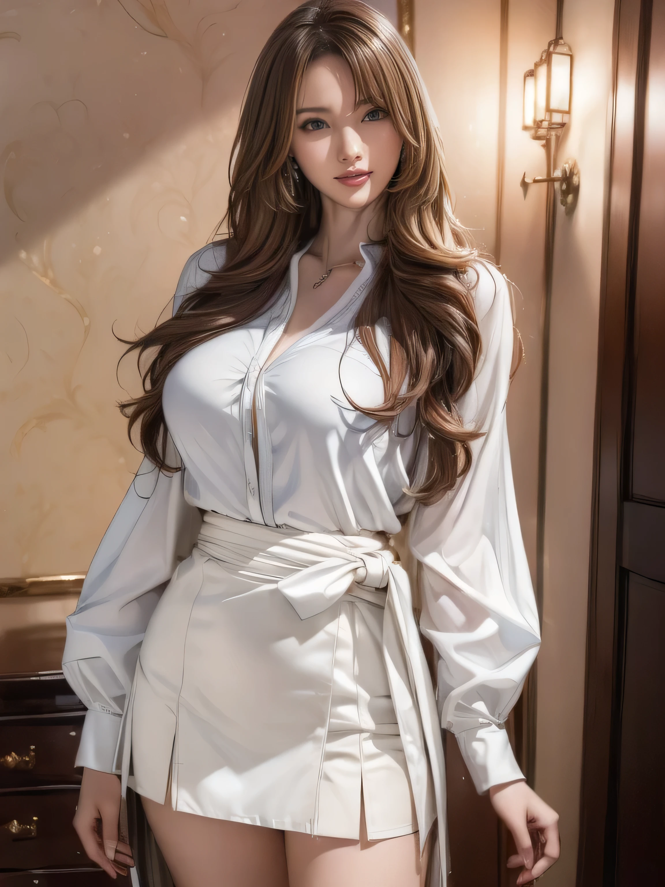 bride、Wedding Style、wedding style photos、Luxury dresses、church、Light clothing、Formal Wear、night scene、illumination、blue eyes、bionde、Full body photo、Sexy Face、Long straight hair_Hair reaching down to the waist、 Complete look、(((masterpiece)))、((Highest quality))、((超Realistic))、Mature woman、Mature woman、perspective、Very detailed、The perfect temptation、Best image quality、Fine-grained image quality、beautiful、Europe, woman, French, woman Italian, Italian, smile、blue eyes、jewelry, blue eyes, Realistic, High resolution, Glowing Skin, (Detailed face),jewelry, , night, bionde, Wavy Hair,Attractive appearance, smile,white long sleeve button up blouse_brown pleated mini skirt、