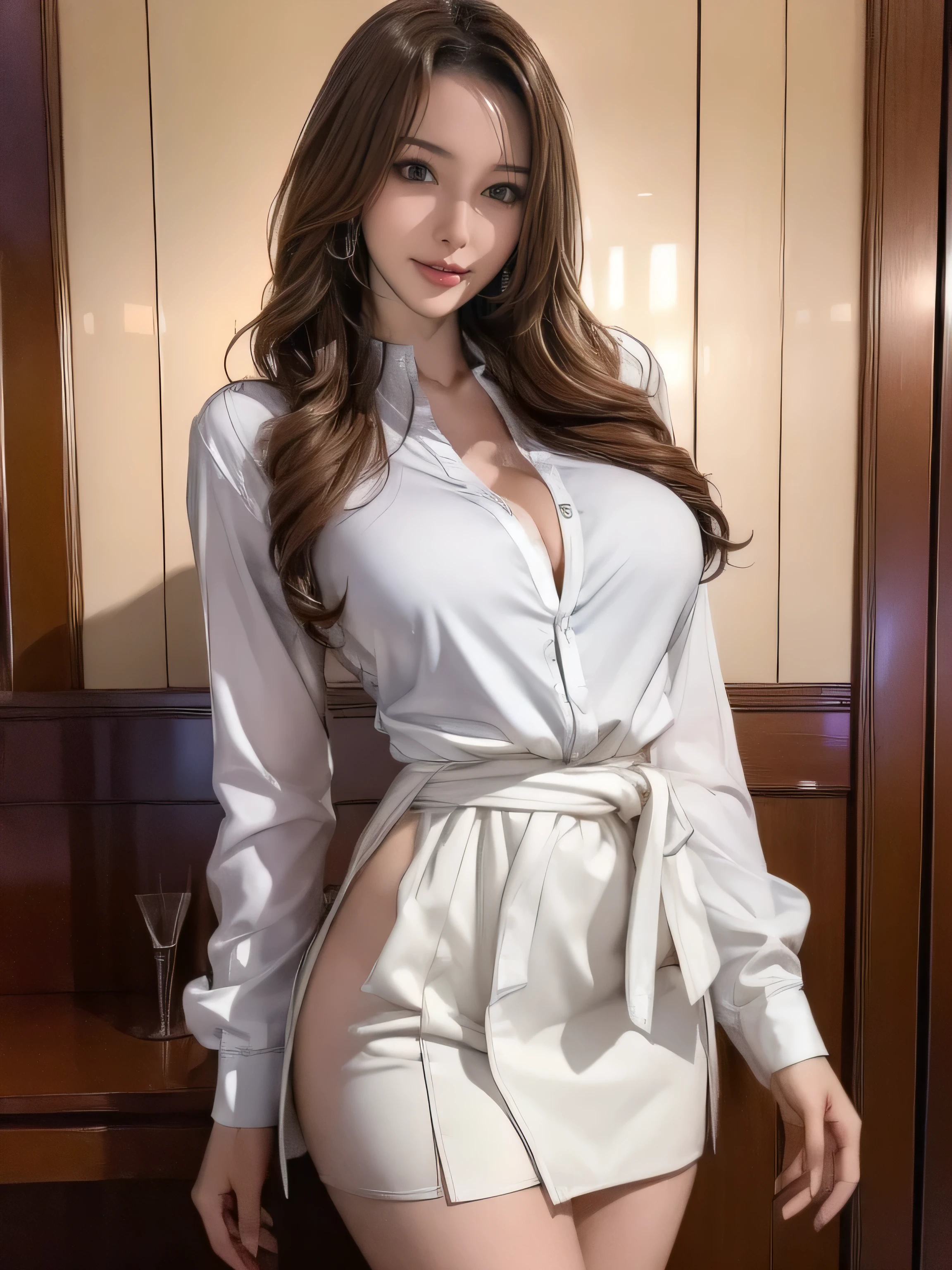 a 27 year old face of the most beautiful actress in the world, the perfect body proportions of a female, sexy tight formal shirt is worn on female upper body, female genitalia of naked lower body, detailed vagina between opened legs, exposed vagina between opened labia, female pubic hair, sitting on a sofa of the living room, nsfw, best quality, highly detailed, masterpiece, ultra high res, photo realistic, 8k