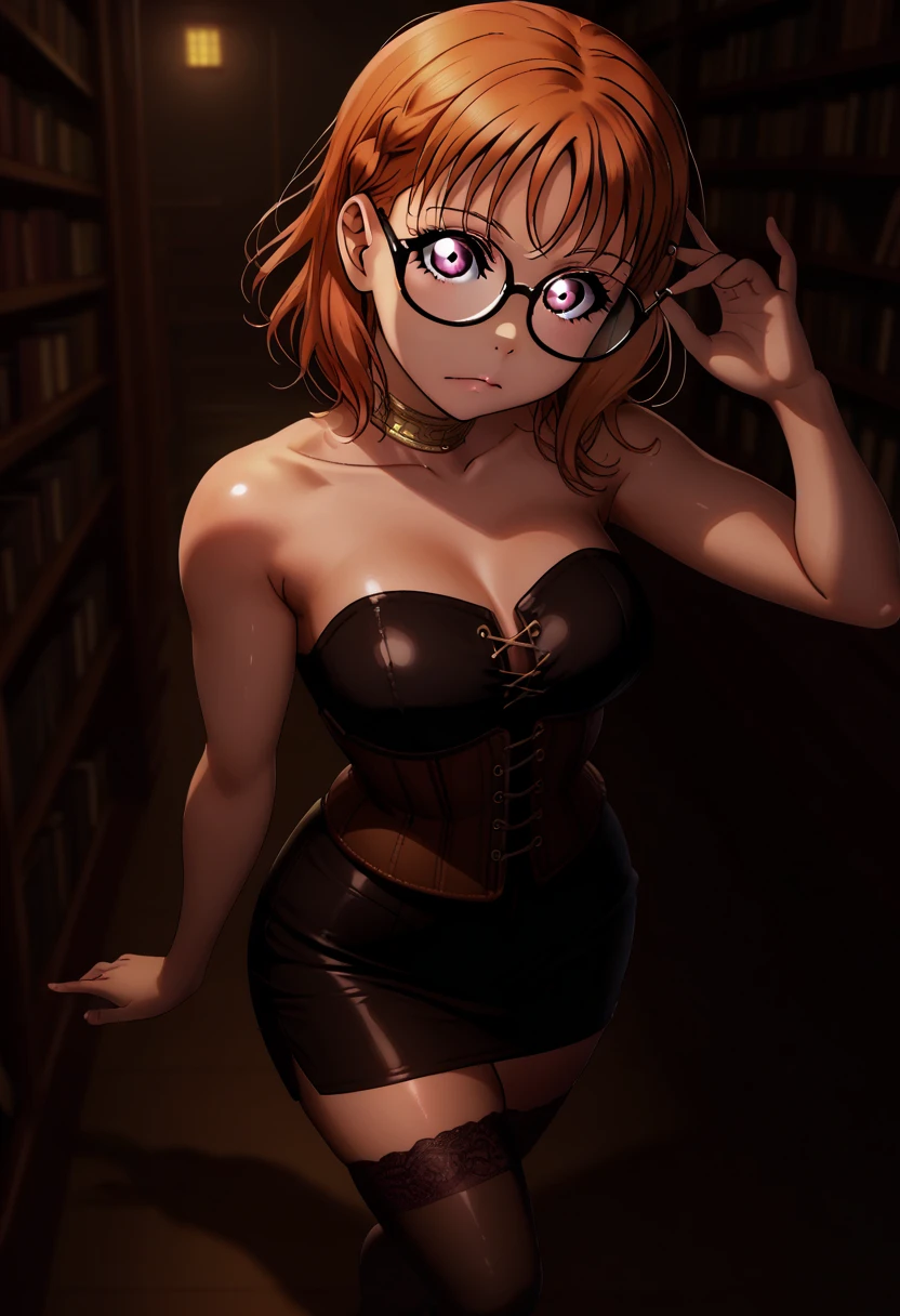 love live art style, takami chika , orange hair, medium hair, pink eyes, side braid, circle glasses, corset, pencil skirt,collarbone,neck ring, thighhighs, in library , night , looking at viewer, strapless , adjusting glasses , shiny skin,thin waist,curvy hips,solo,dramatic chiaroscuro lighting,dark, from above,shiny skin,RUKIA Style, walking