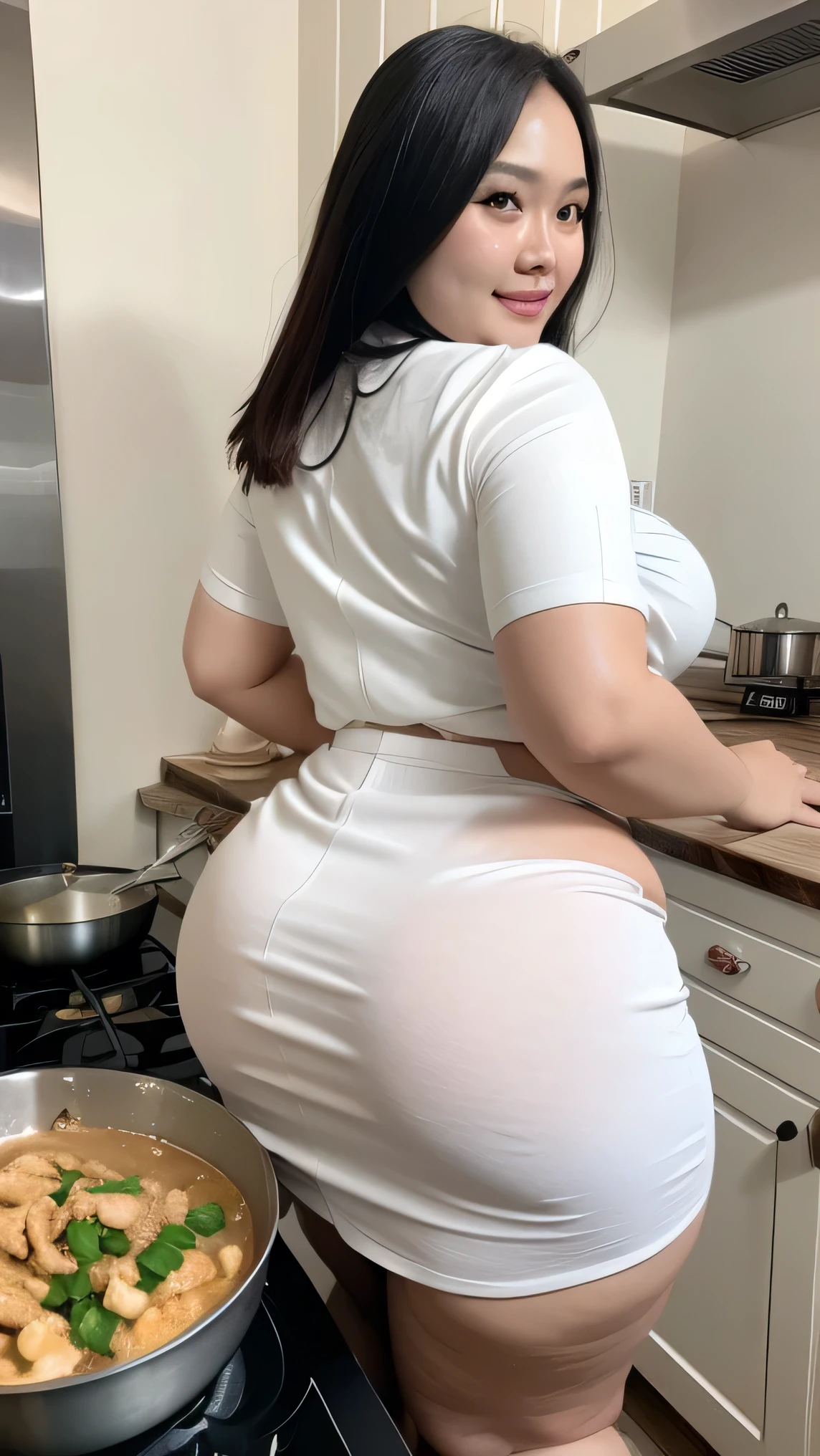 8k image, beautiful Indonesian female chef, 150 kg fat body, white uniform, skirt, fat breasts, fat ass, cooking in the kitchen