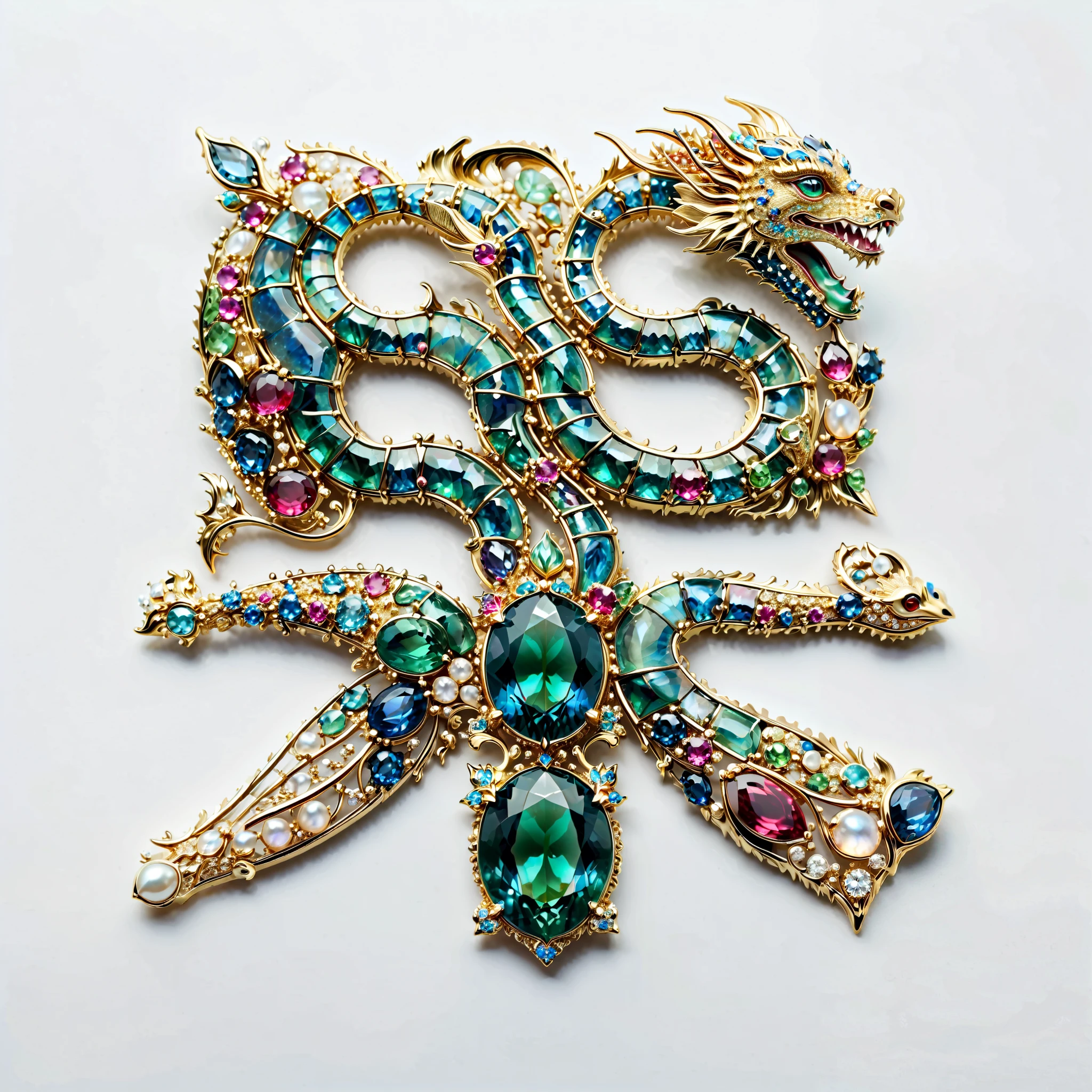  masterpiece.   exquisite brooch   ，  Depicts a Malagasy tourmaline dragon，   precious gemstones   .   Exquisite craftsmanship  .    high quality  .   Excellent improvements  . ((     Super Detailed  )).  Table decoration   ，   and exquisitely decorated jewels with some mother-of-pearl   , opal, ruby. lapis lazuli.  masterpiece hors norme.   Magnificent and authentic  .    ultra-realistic  .. ((      white background   ))