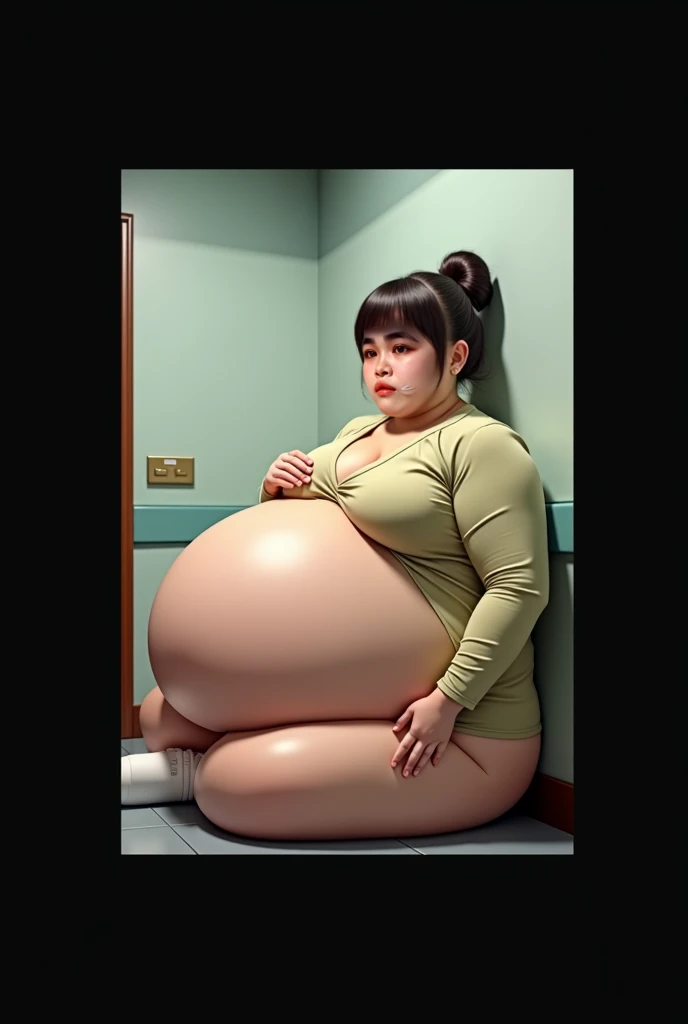 1.000kg heavy anime girl with oversized breasts and hips sitting on a couch (the couch looks like a toy couch compared to the body) fat literally swallows the body