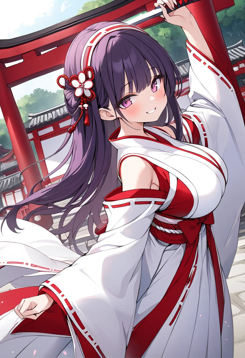 (masterpiece,  top quality ,  ultra detail,  illustration)， One Girl ，( Very Long Straight Princess Cut Hairstyle， dark purple hair， red hair band on the head )，( pink eyes，Droopy eyes)，Big Breasts，( traditional shrine maiden costume in red and white ，Furusou is separated ， black inner ，White tights)， big smile when looking back，smile，Soft look，Within the shrine grounds，((Dancing Shrine Maiden ，Holding a sword with a handle))， cleavage in years，