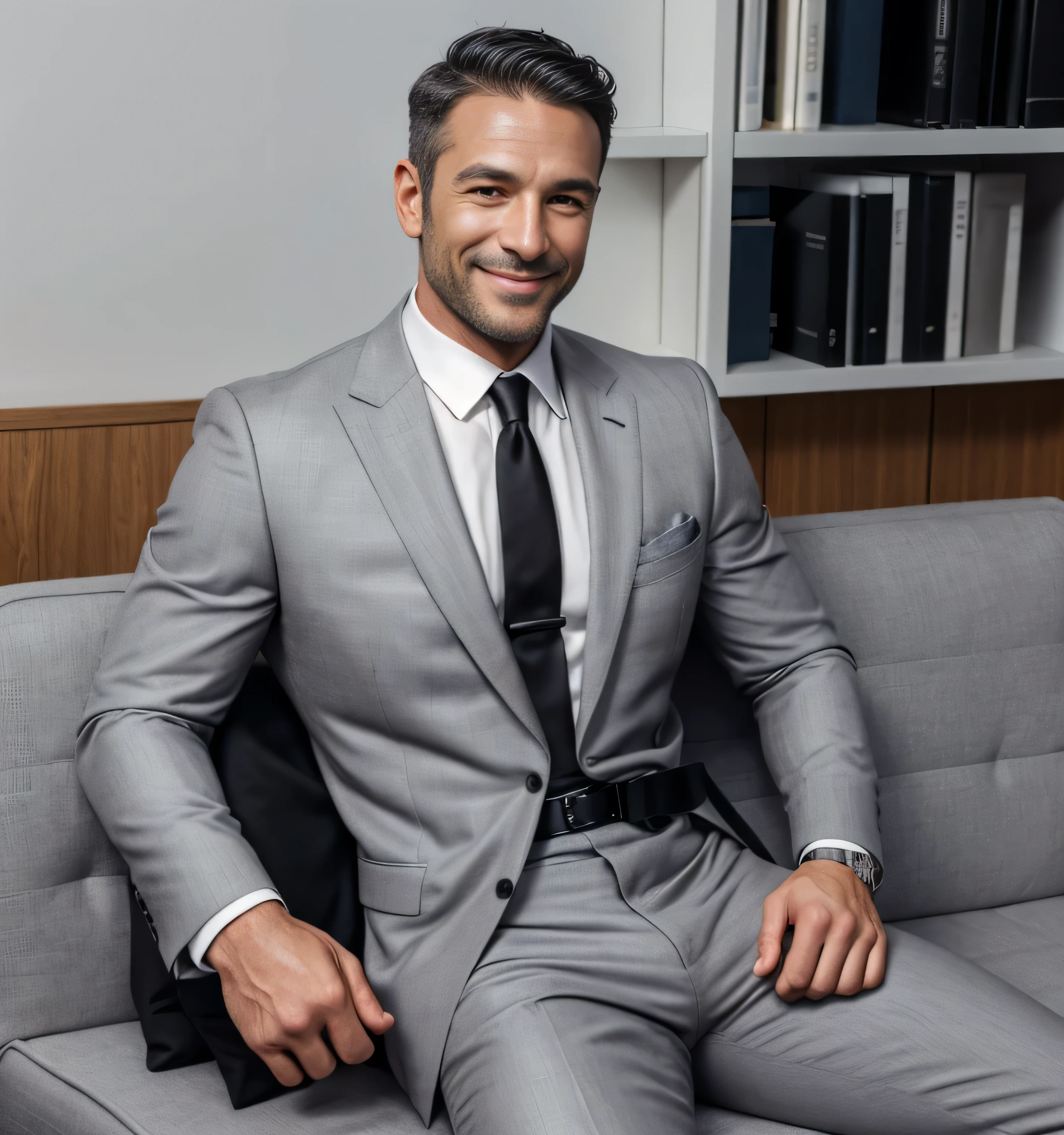 40 year old handsome ,  One Man,、  muscular、Israeli。  grey suit ,black tie、 short hair　、 office、  is sitting on the couch、  grey suit、black tie、 Grey slim pants 、 Lift your upper body 、Focus on facial expressions　Israeli　Front　 Hermès belts　Smile