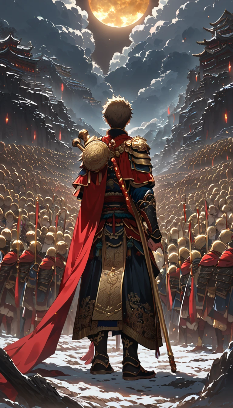  Sun Wukong monkey standing looking at the sky where there are hundreds of heavenly warriors and giant gods, Sun Wukong turning his back to the camera ,  Wukong holding a golden cane with red , Sun Wukong monkey with red cape 