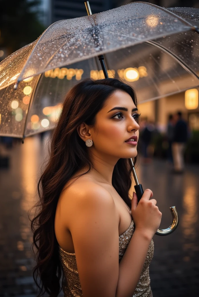 "A woman standing under a large umbrella in the middle of a cobblestone street during a gentle rain. Raindrops fall around her, creating a dreamy, cinematic atmosphere. Her bare shoulders glisten as she looks upward, with soft rain droplets clinging to her skin. Behind her, blurred city lights glow warmly, spelling out 'Happy New Year' in golden letters reflected in the wet street. The environment feels romantic, intimate, and full of festive cheer."