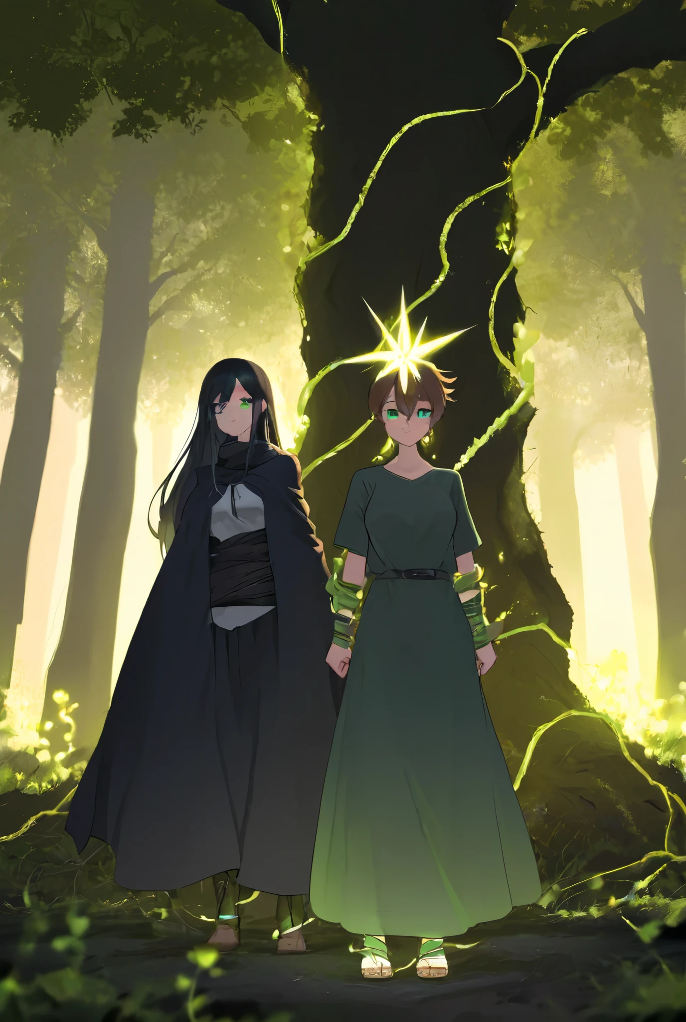 An anime-style illustration set in a breathtaking post-apocalyptic world on the brink of renewal. In the foreground, Kian and Lira stand back-to-back on a grassy hill, symbolizing their connection and shared sacrifice for the world.
Kian, standing tall, has his dark brown hair slightly messy and a worn battle cloak fluttering in the wind. His golden eyes glow faintly as he gazes forward with determination, holding a shard of the Evolution Core in his hand. The shard emits a soft green and golden light, casting a radiant glow on his scarred yet resolute face.
Behind him, Lira stands gracefully, her long black hair with green-tinted tips flowing in the wind. Her form is semi-translucent, blending into the scenery, symbolizing her sacrifice and eternal connection to the world. Her emerald eyes look over her shoulder, filled with quiet strength and serenity. Green, glowing vines wrap around her arms and feet, extending into the earth and connecting her to the massive tree in the distance.
