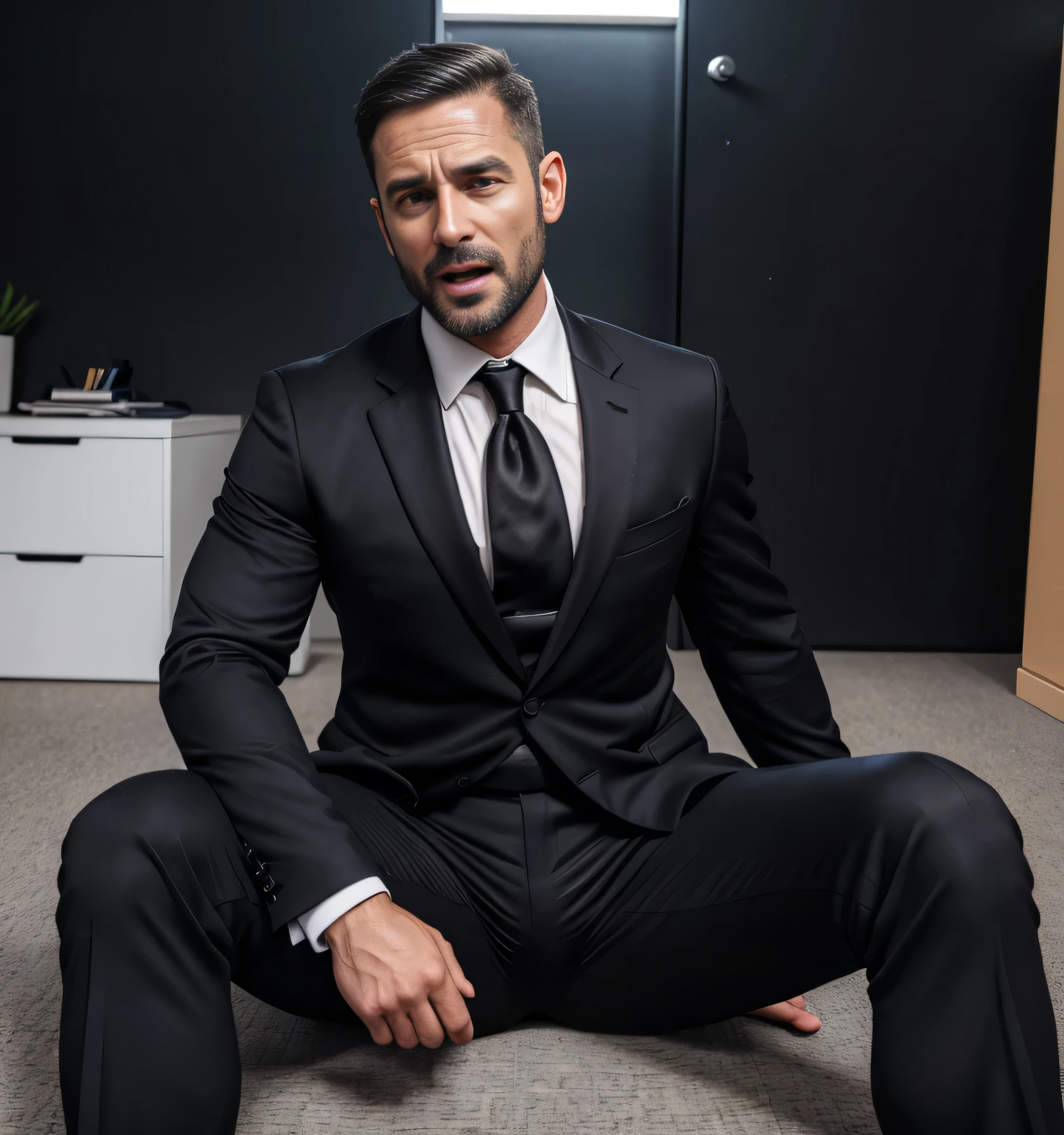 desi hunk with wide shoulder, strong masculine body, wide chest, hot wetty body in formal suit laying on sofa and Showing His perfect( huge penis) is (coming out) of his pant,masterpieces , from above view