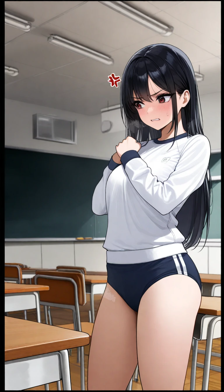 1girl, solo,sitting, small breast, masterpiece, professional artwork, famous artwork, perfect face,nagatoro hayase, brown eyes, hairclip, black hair, cowboy shot, black hair, beautiful face, intense look, ((perfect female body, narrow waist)), background classroom,((tan lines)), looking at viewer, (((blue swimsuit, big ass))), crouching