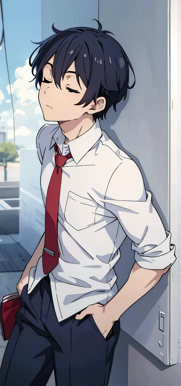 anime boy wearing white shirt, red tie, eyes closed, head up,  sleeves fold , outdoor, blue sky , sleeves fold 