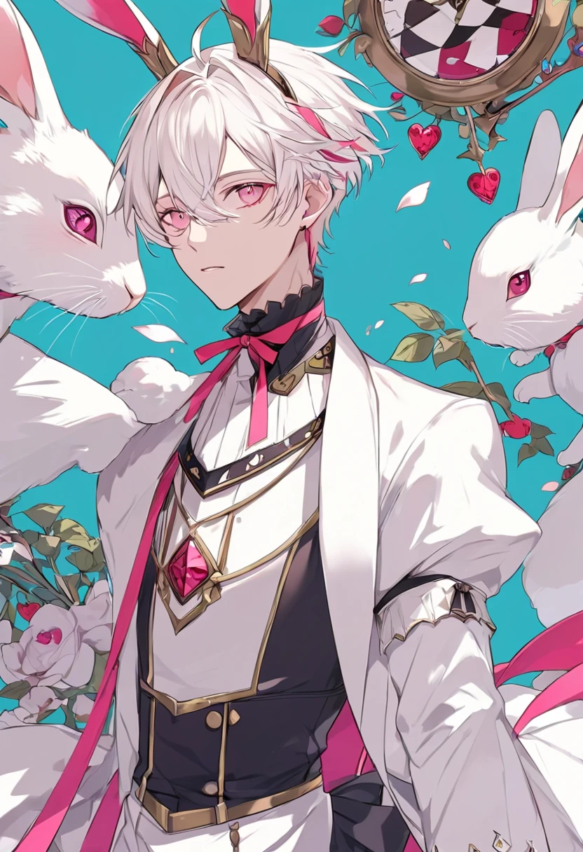 solo, handsome, 1 male, white coat, short hair, white hair, pink eyes, fantasy clothing, White rabbit, alice in wonderland