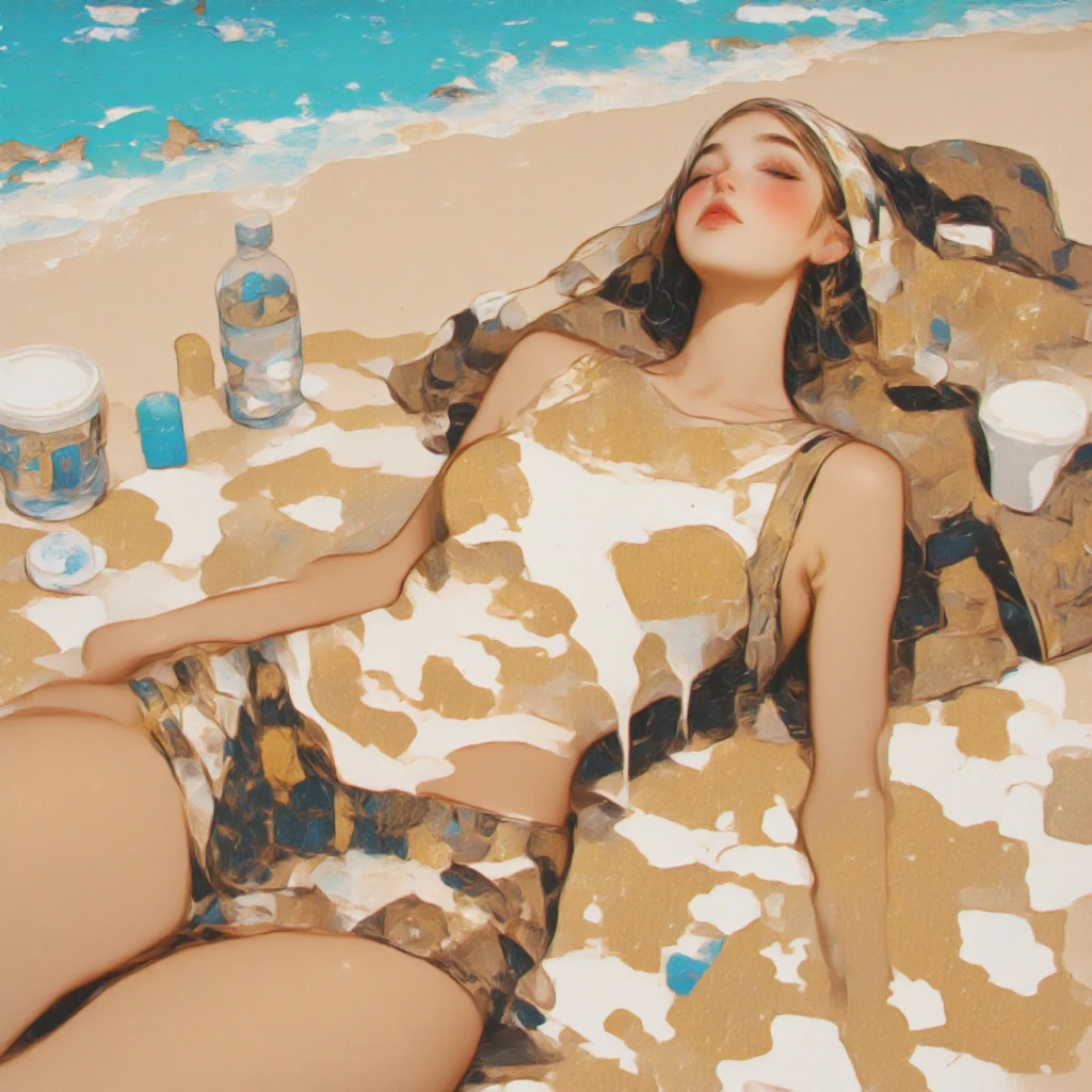 Woman sunbathing on the beach 。A large amount of hot milk is dripping on my stomach while lying on my back