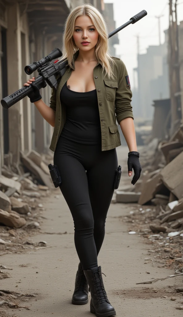 3D ultra-realistic rendering of a striking and confident American woman, sexy, big boobs, a skilled mercenary, walking with purpose while carrying a sleek, modern long rifle slung over her shoulder. She has long, flowing blonde hair tied back in a practical yet stylish way. Dressed in tactical combat gear that balances utility and elegance, her outfit features a fitted olive-green jacket, durable black pants, and rugged boots. Her expression is calm yet alert, showcasing her readiness and professionalism. The background depicts a rugged, war-torn urban area with crumbling buildings and scattered debris, emphasizing the dangerous mission she's on. Cinematic quality with sharp details and dramatic lighting.

