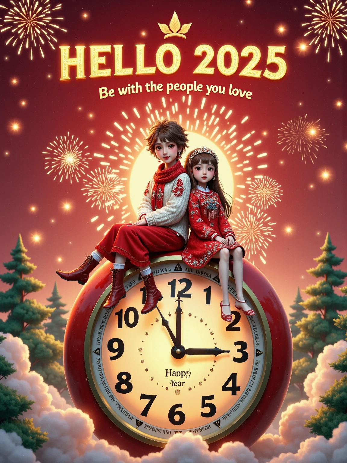 Flat illustrations，New Year Poster，UE5 Rendering，C4D，Hyper-Reality， The top has a luminous font “HELLO 2025” , The subtitle says “Be with the people you love” ， penis in crotch （Brown short hair，White sweater，Red scarf） and a Lovely Girl （ Long Brown Hair ，Red sweater， white scarf ）， Sit together on top of a super huge clock，front，fireworks， Particles Glow ， background blur，Depth of Field， Whimsical New Year's Vibe ，New Year's Eve Atmosphere ， New Year's Eve Festive Vibe ， soft lighting ，3D stereoscopic， Fantastic Atmosphere ，Sense of story，artistry，8k， master works