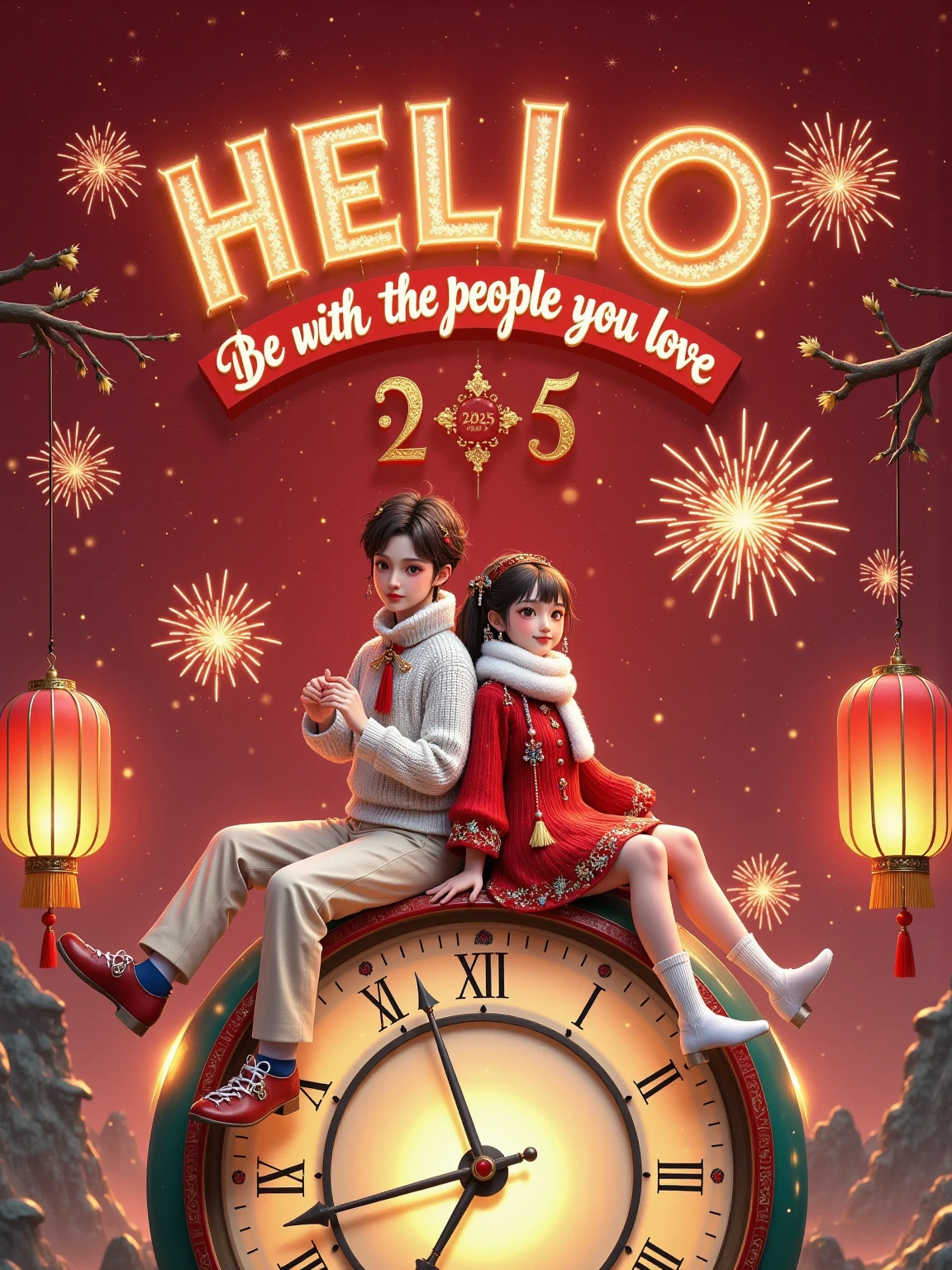 Flat illustrations，New Year Poster，UE5 Rendering，C4D，Hyper-Reality， The top has a luminous font “HELLO 2025” , The subtitle says “Be with the people you love” ， penis in crotch （Brown short hair，White sweater，Red scarf） and a Lovely Girl （ Long Brown Hair ，Red sweater， white scarf ）， Sit together on top of a super huge clock，front，fireworks， Particles Glow ， background blur，Depth of Field， Whimsical New Year's Vibe ，New Year's Eve Atmosphere ， New Year's Eve Festive Vibe ， soft lighting ，3D stereoscopic， Fantastic Atmosphere ，Sense of story，artistry，8k， master works