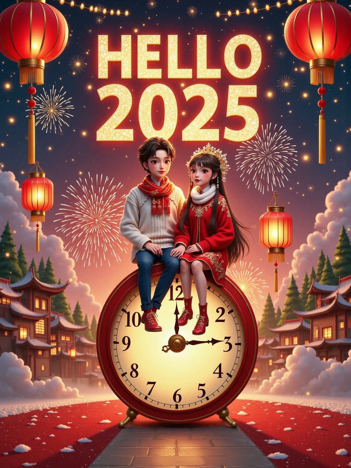 Flat illustrations，New Year Poster，UE5 Rendering，C4D，Hyper-Reality， The top has a luminous font “HELLO 2025” , The subtitle says “Be with the people you love” ， penis in crotch （Brown short hair，White sweater，Red scarf） and a Lovely Girl （ Long Brown Hair ，Red sweater， white scarf ）， Sit together on top of a super huge clock，front，fireworks， Particles Glow ， background blur，Depth of Field， Whimsical New Year's Vibe ，New Year's Eve Atmosphere ， New Year's Eve Festive Vibe ， soft lighting ，3D stereoscopic， Fantastic Atmosphere ，Sense of story，artistry，8k， master works