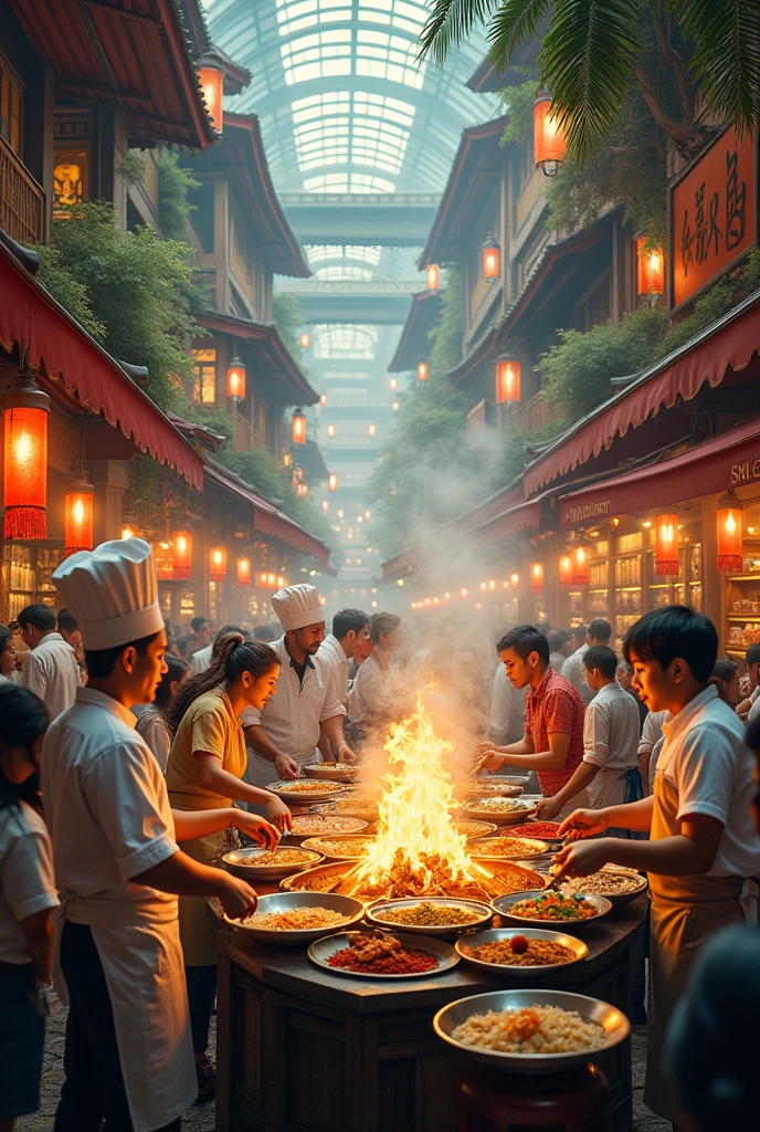 Illustrate a lively village square filled with celebration—bonfires crackle, ren dance, and elders share stories under strings of lanterns. The soldier walks among the crowd, shaking hands and accepting gratitude. His humble demeanor contrasts with the joyous chaos around him. Tables are laden with food, and musicians play traditional instruments, creating a festive atmosphere. Warm firelight illuminates smiling faces, emphasizing community spirit. Rustic details like thatched roofs and wooden carts add authenticity. This image radiates warmth, inclusivity, and the restoration of peace.