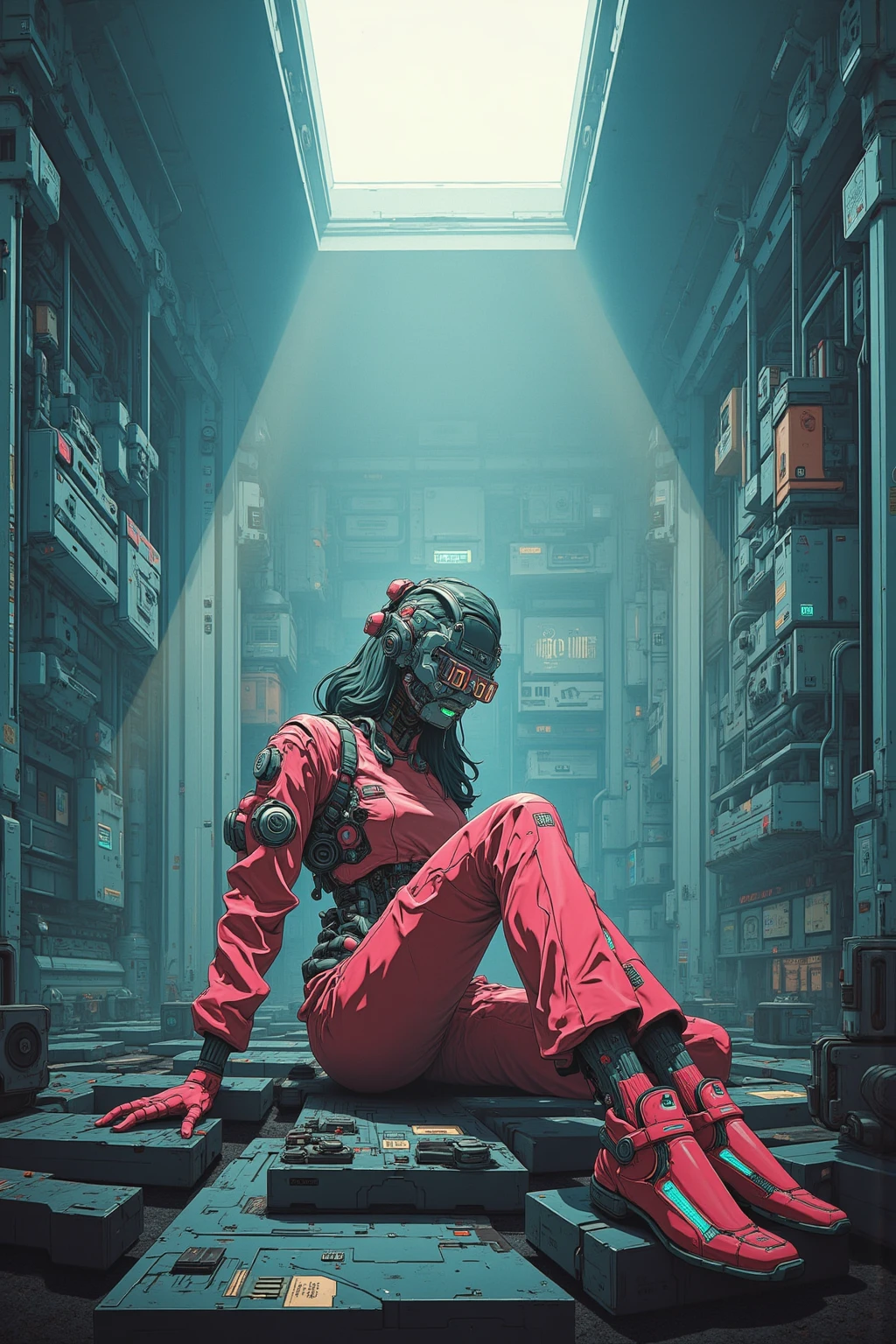   strange room ,A crazy woman wearing clothes designed to look like a protective suit is sitting,Ultra-realistic composition ,   surreal style  ,  neo-surrealistic    .     digital art   , surrealistic     digital art   work,   Surreal Scene  ,   surreal photography  , surreal 3 d render,   Surrealist Conceptual Art    ,   Dreamy Art  ,   surreal photography  graphy,   surrealist photography  ,  items floating in the air  、lots of items , ultra high resolution ,   very detailed,  huge room with no windows , Hyacinth,vapor,junk, Wide Angle Shot ,  Proximity Method, Strange 80s Style Synthwave , Synthwave City, Synth Wave Style , Miami Synthwave , Synthwave Art Style from a 2009 SF8K movie, cyberpunk atmosphere , Spectacular Retrowave Art