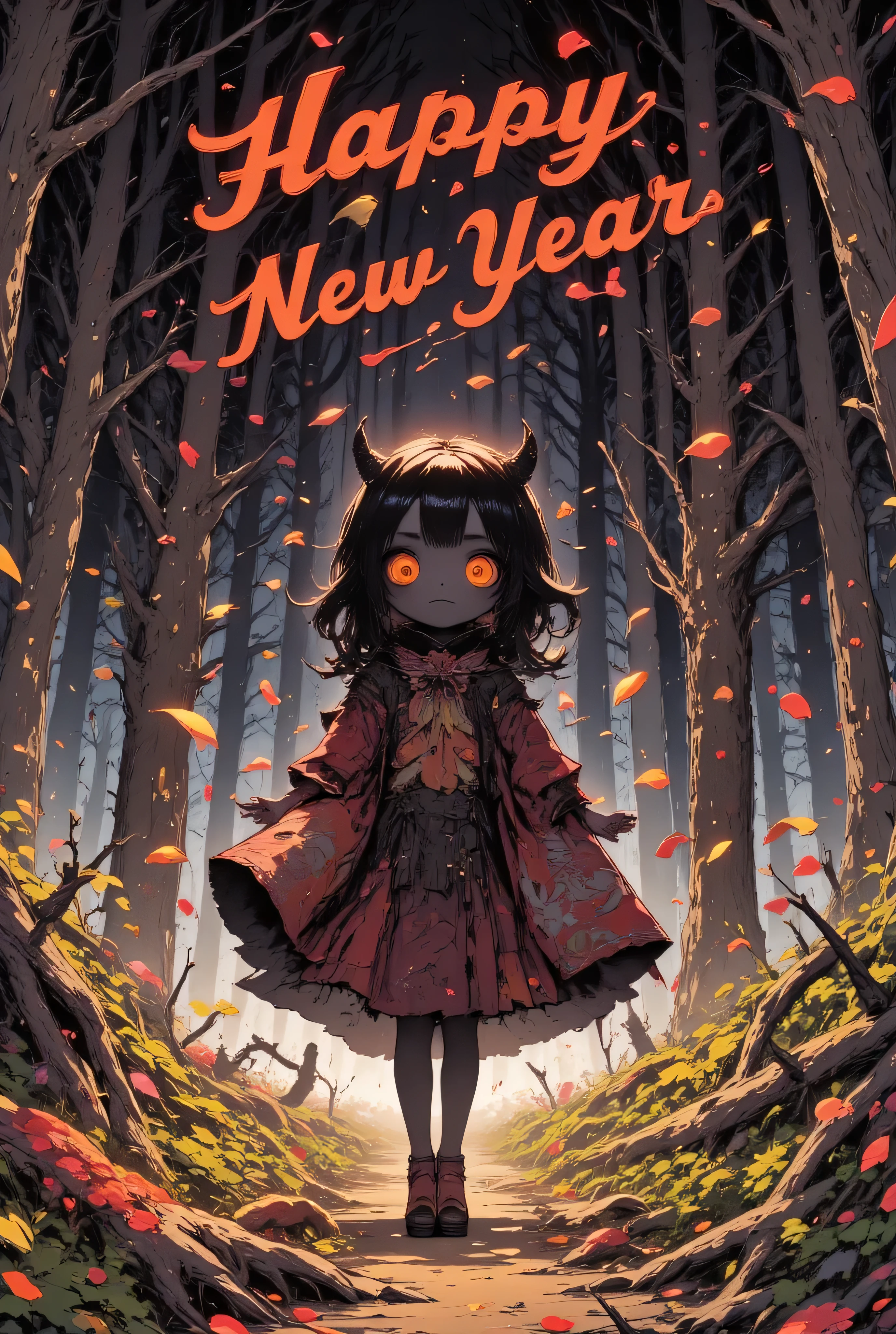 (text "happy new year"). beautiful sunrise of new year .1girl\(devil,chibi,cute,pure black skin,evil smile,dancing,devil horn, big eyes,evil smile,yellow sclera,long nail,orange eyes,looking down,wearing capelet\(big,long,Tattered\), backlit,full body\),petals\(colorful,beautiful,in the air\),many dead trees, in the forest,close-up of girl,