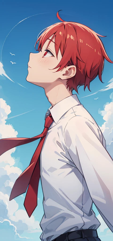 anime boy wearing white shirt, red tie, eyes closed, head up,  sleeves fold , outdoor, blue sky , sleeves fold , side view 