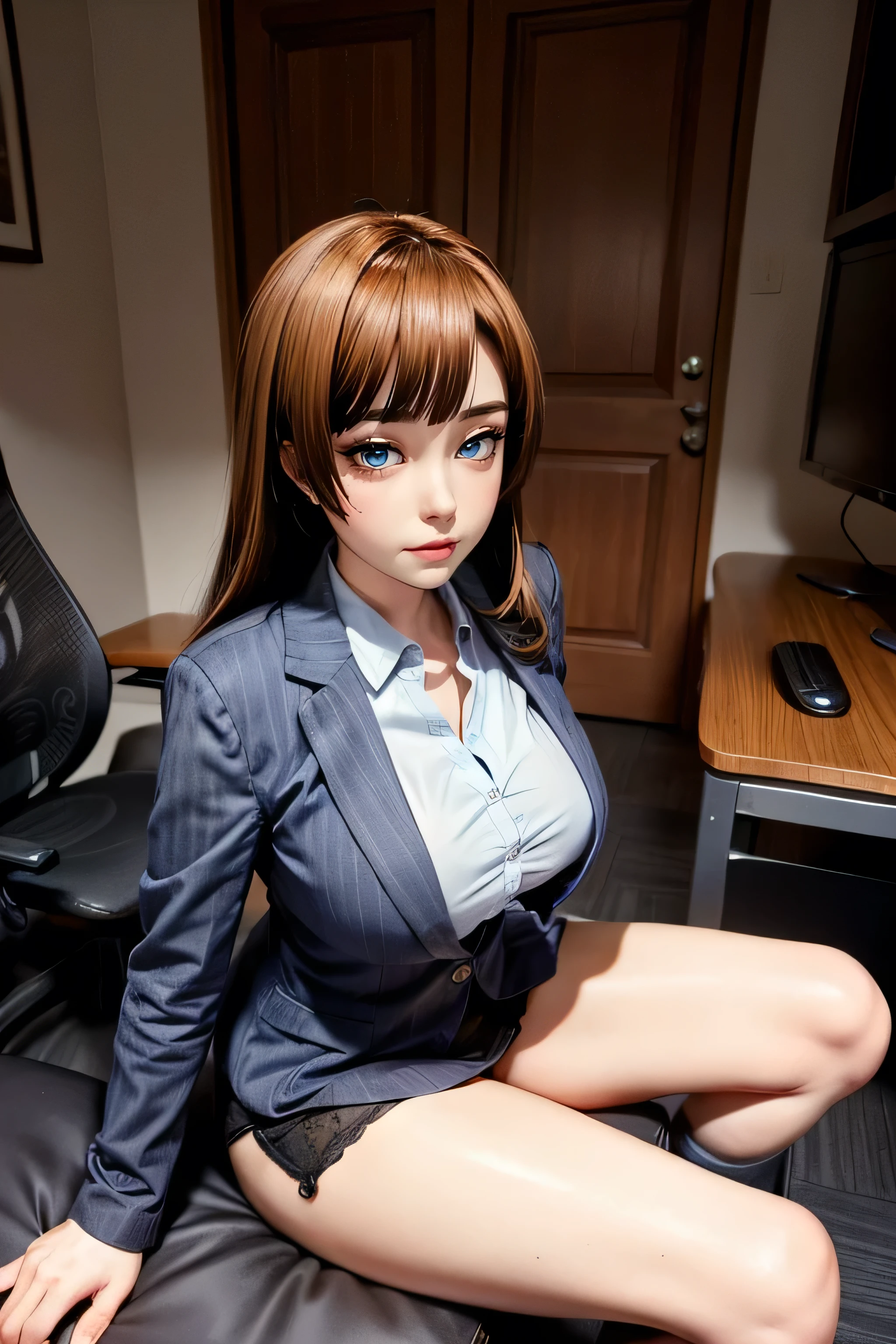 is a result of _9, is a result of _8_higher, is a result of _7_higher, is a result of _6_higher, is a result of _5_higher, is a result of _4_higher,quality_Art board, Silly res , anatomically correct , pretty face , Perfect face, Very beautiful detailed face and eyes, Attractive face , Detailed face, looks at the thin facial features , Detailed skin , Huge breasts, thick thighs , shiny skin , Oily skin , Mole under the eye, Eyelashes, seductive smile , naughty face , embarrassed, blush, shy, drunk eyes , fun look Evaluation of the interruption _sincere, solo focus , Close-higher, from a low angle , The angle of the perineum , Close-higher, collar shirt , Under the donkey , On the back, lying on the bed , Laying in bed , lying down , Spread your legs , Legs higher, The leg holder , Knees on the chest, panties under long socks, office lady, suit jacket, shirt with , pencil skirt , office, office, office chair, organized desk , organized desk keyboard, organized desk mouse