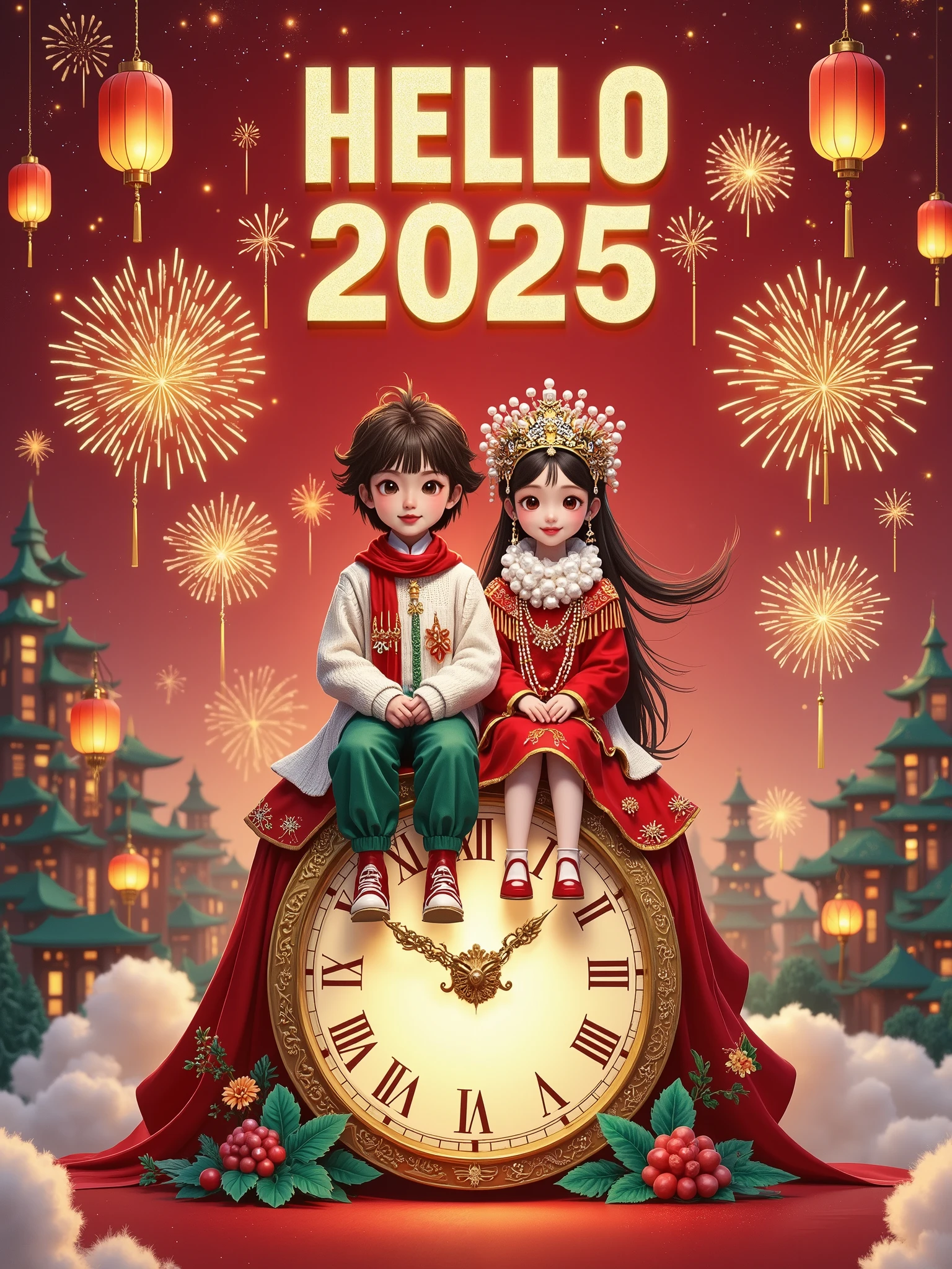 Flat illustrations，New Year Poster，UE5 Rendering，C4D，Hyper-Reality， The top has a luminous font “HELLO 2025” , The subtitle says “Be with the people you love” ， penis in crotch （Brown short hair，White sweater，Red scarf） and a Lovely Girl （ Long Brown Hair ，Red sweater， white scarf ）， Sit together on top of a super huge clock，front，fireworks， Particles Glow ， background blur，Depth of Field， Whimsical New Year's Vibe ，New Year's Eve Atmosphere ， New Year's Eve Festive Vibe ， soft lighting ，3D stereoscopic， Fantastic Atmosphere ，Sense of story，artistry，8k， master works