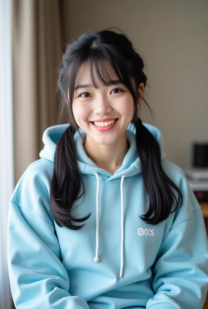 Generate a white Korean girl in hot white hoodie smiling and posing for a photo 
