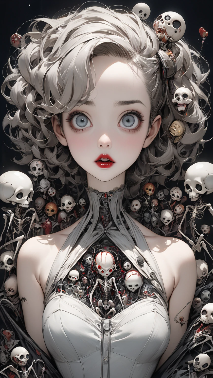 Chica hermosa, demonio, ojos rojos, cabello blanco, garras, enormes pechos, desnuda, mostrando el culo al espectador, de espalda