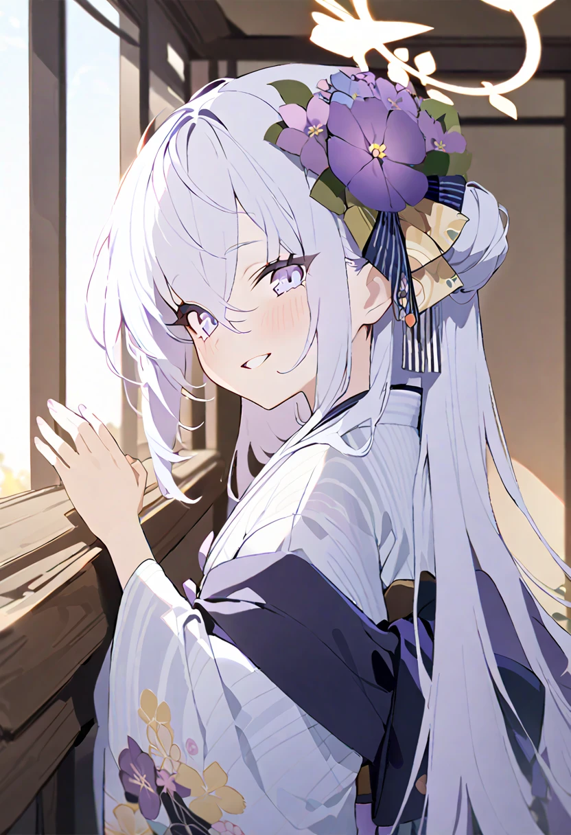  blue_archive azusa_(blue_archive) highres 1girl alternate_costume alternate_hairstyle blue_flower blue_kimono blush floral_print flower from_side hair_between_eyes hair_bun hair_flower hair_ornament halo japanese_clothes kimono long_hair obi own_hands_together praying purple_eyes purple_flower red_sash sash sidelocks solo white_flower white_hair wide_sleeves smile masterpiece, best quality