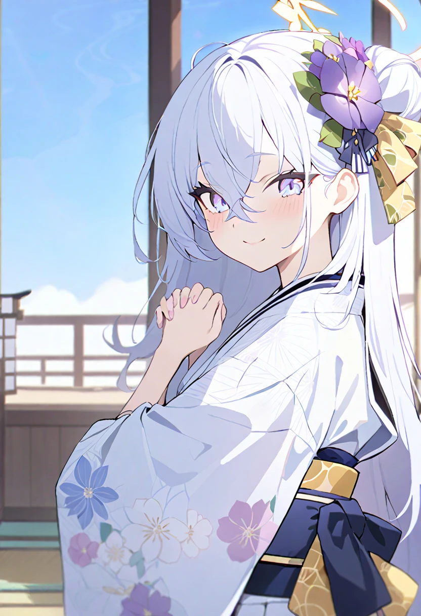  blue_archive azusa_(blue_archive) highres 1girl alternate_costume alternate_hairstyle blue_flower blue_kimono blush floral_print flower from_side hair_between_eyes hair_bun hair_flower hair_ornament halo japanese_clothes kimono long_hair obi own_hands_together praying purple_eyes purple_flower red_sash sash sidelocks solo white_flower white_hair wide_sleeves smile masterpiece, best quality