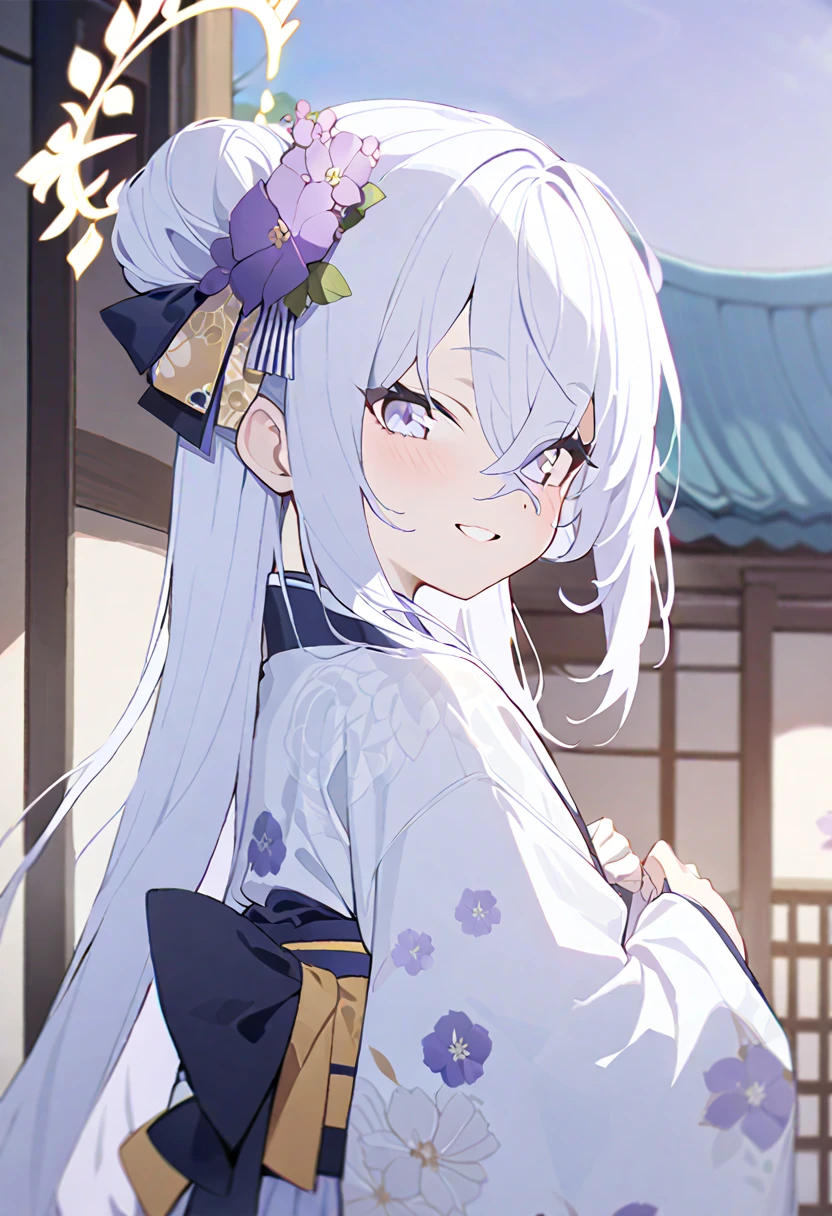  blue_archive azusa_(blue_archive) highres 1girl alternate_costume alternate_hairstyle blue_flower blue_kimono blush floral_print flower from_side hair_between_eyes hair_bun hair_flower hair_ornament halo japanese_clothes kimono long_hair obi own_hands_together praying purple_eyes purple_flower red_sash sash sidelocks solo white_flower white_hair wide_sleeves smile masterpiece, best quality