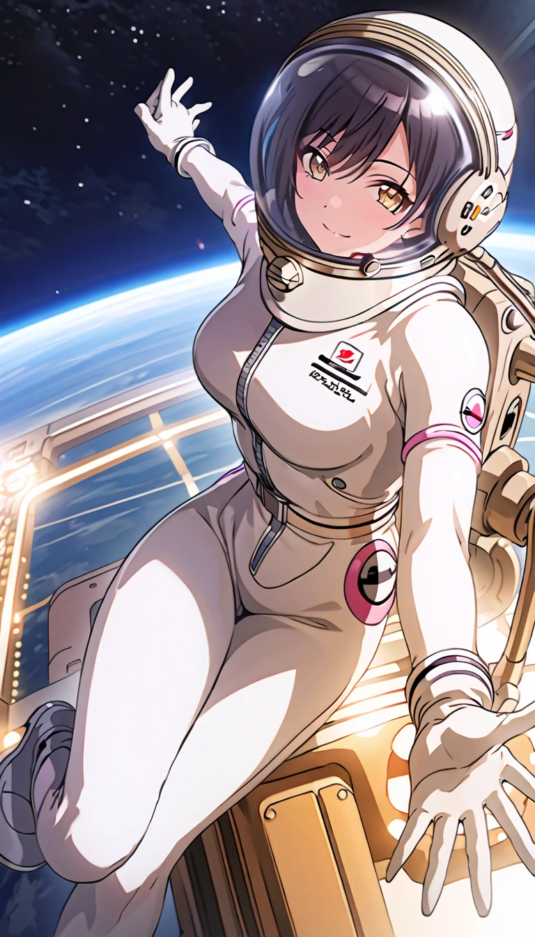 (spacesuit:1.15), white cargo pants, astronaut)bubble helmet, space helmet, white gloves, smiling, looking at the audience, outer space, floating, alone, whole body, masterpiece, best quality, 1girl, beautiful, image from below, solo, ShiraseSakuya, black hair, bangs, yellow eyes, large breasts
