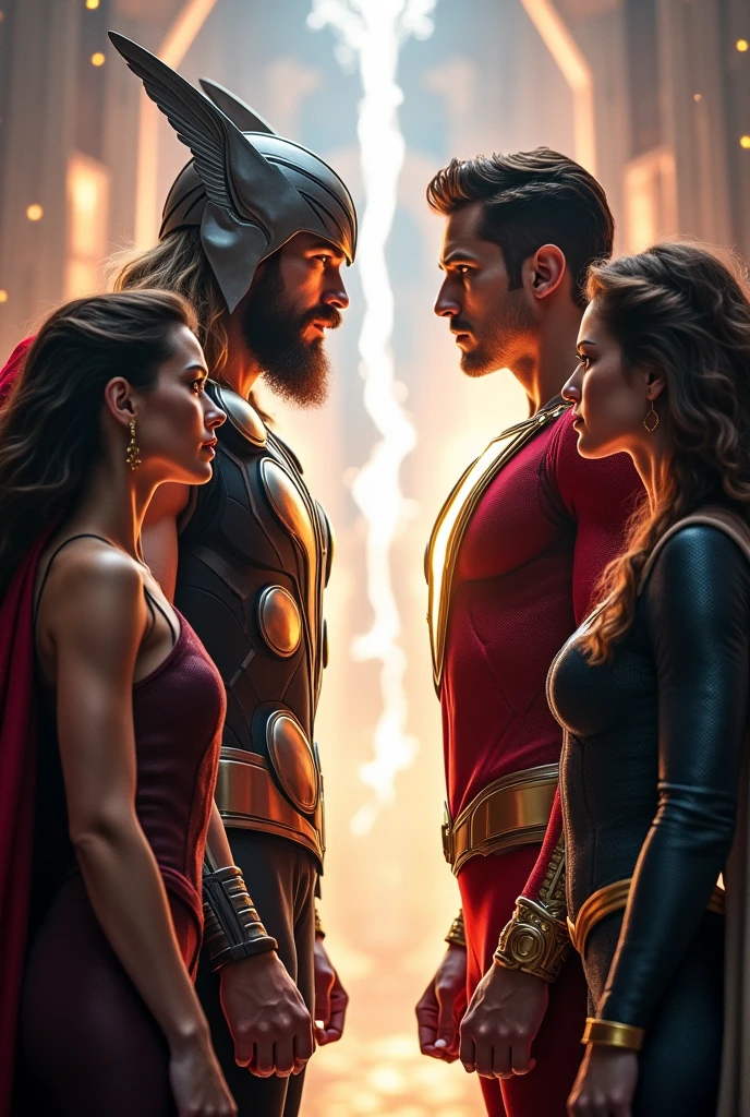 Make a picture of a strong guy who looks like Wolverine and another picture where a guy who looks like Thor appears and behind them put 3 very beautiful women., 2 weras and a pearl one