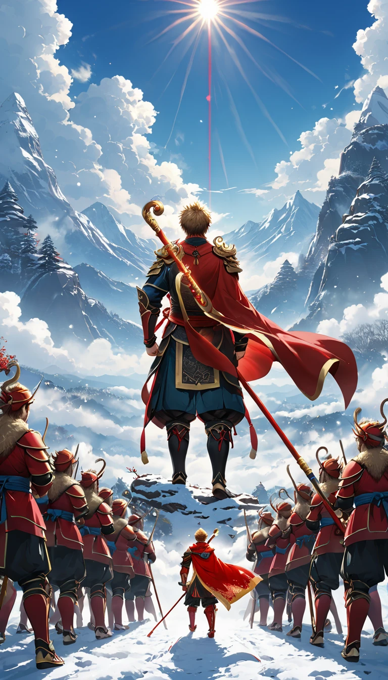  Sun Wukong monkey standing looking at the sky where there are hundreds of heavenly warriors and giant gods, Sun Wukong turning his back to the camera ,  Wukong holding a golden cane with red , Sun Wukong monkey with red cape 
