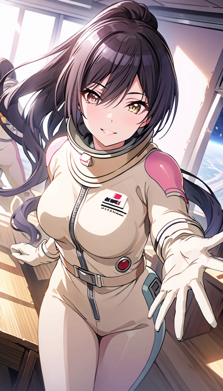 (spacesuit:1.15), white cargo pants, astronaut), white gloves, smiling, waving, looking at the audience, indoors, classroom, daylight, standing, , alone, masterpiece, best quality, 1girl, beautiful, image from below, solo, ShiraseSakuya, very long hair, black hair, high ponytail, bangs, yellow eyes, large breasts
