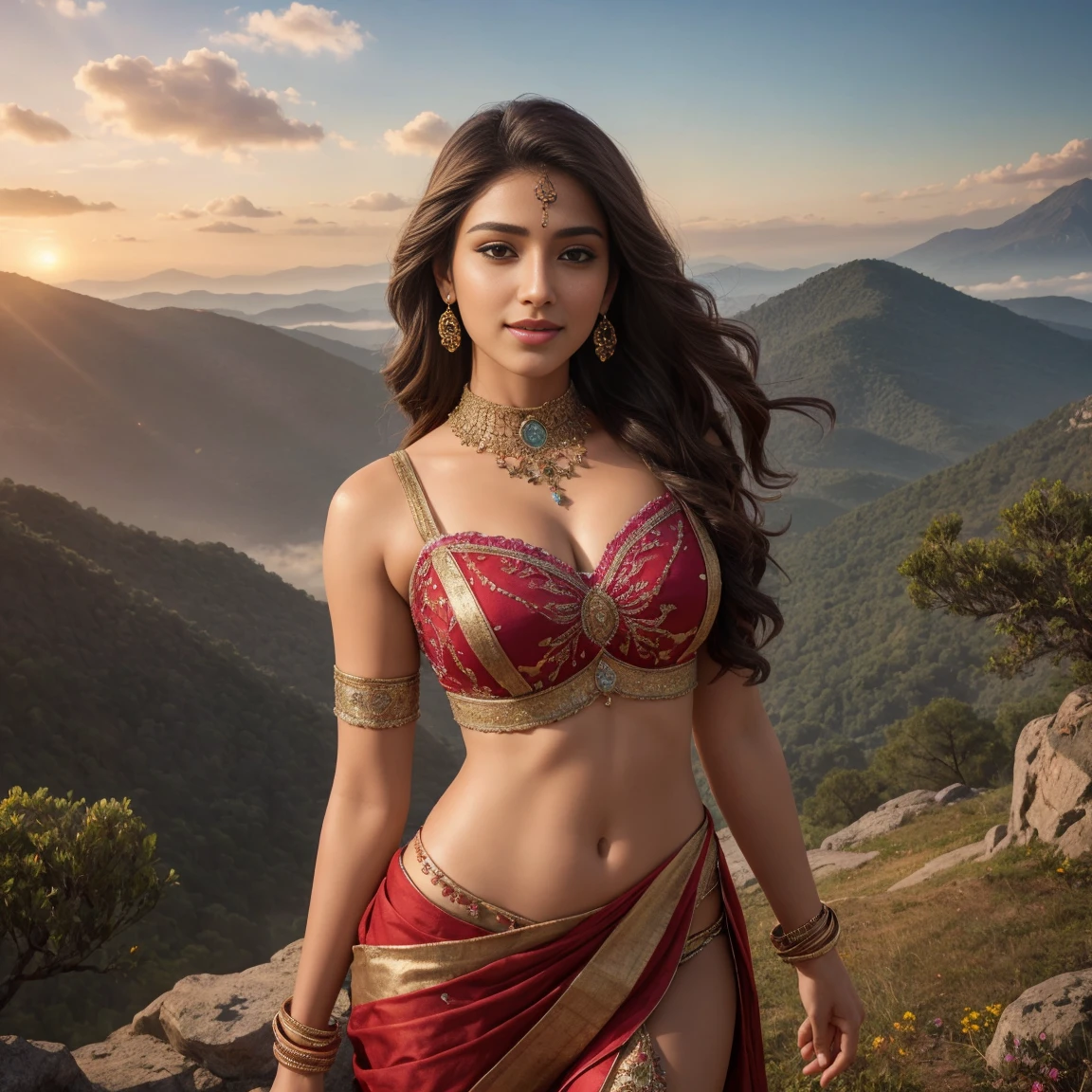 Beauty standing in front of the temple, 1 girl, a 27-year-old Indian woman, absolute beauty, long hair, wearing a traditional dress, holding a plate full of flowers for decoration, ultra-realistic, hyper-realistic, ultra-detailed, hyper-detailed, 35mm F/28, hyper-detailed full body shot of a woman, nice face, smile, sexy body, aesthetic body, goddess, face focused, 8K, HD Crisp Upscale, realistic lying， RAW photography， best quality： 1.4, temple on the background , Beautiful details eye, drooping breasts, thick thighs, wide hips, long hair, High-detailed,  Vision 5.1 --auto --s2
