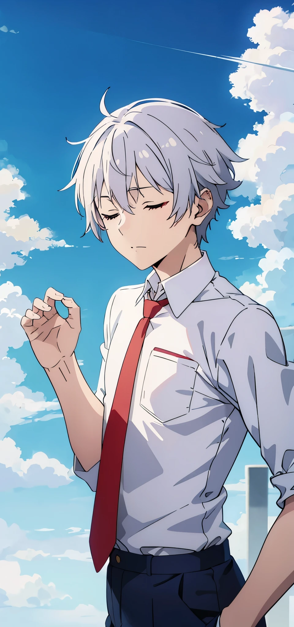 anime boy wearing white shirt, red tie, eyes closed, head up,  sleeves fold , outdoor, blue sky , sleeves fold ,