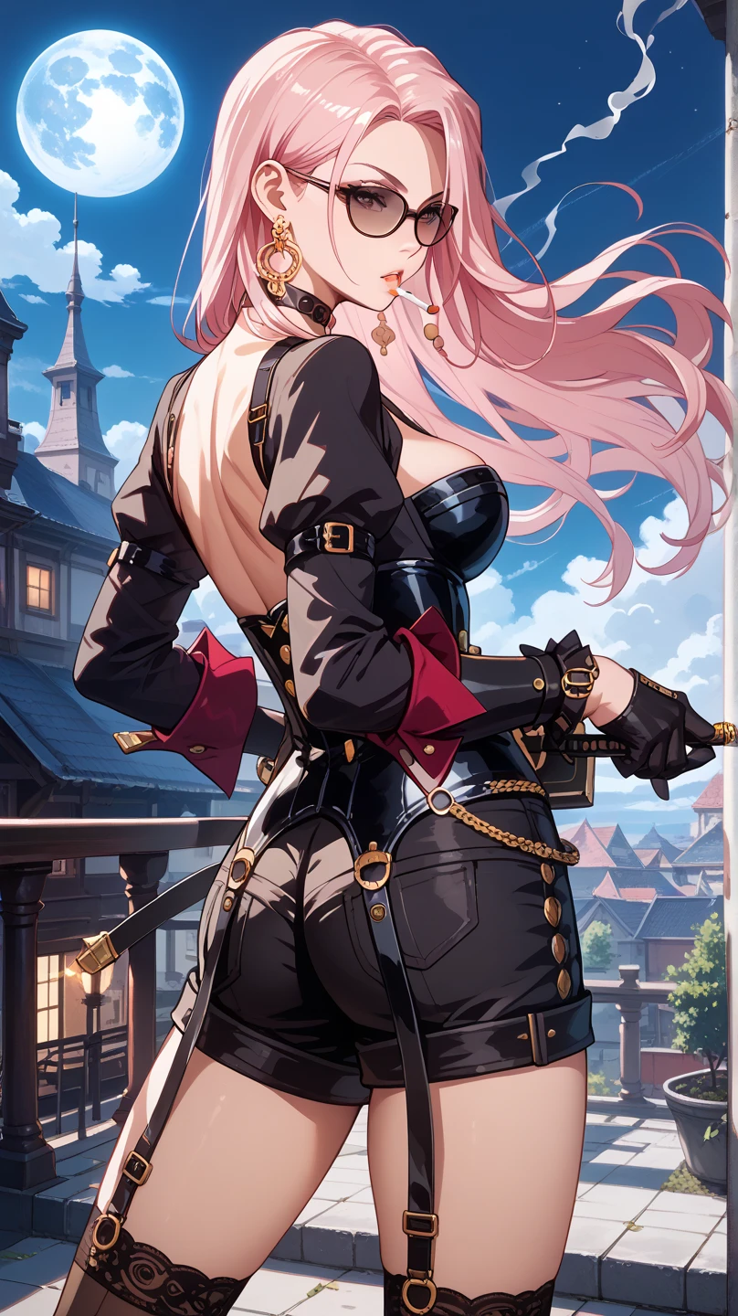 sexy SpectreDNF ,  pink hair, large earrings,  Long hair , corset, glasses,  o-shaped ring ,  choker , I wore a, body, socks, Gloves, large earrings,  shorts ,  transparent neckline ,  on the roof of a building, At night with moon ,  smoking a cigarette , action pose, from behind,