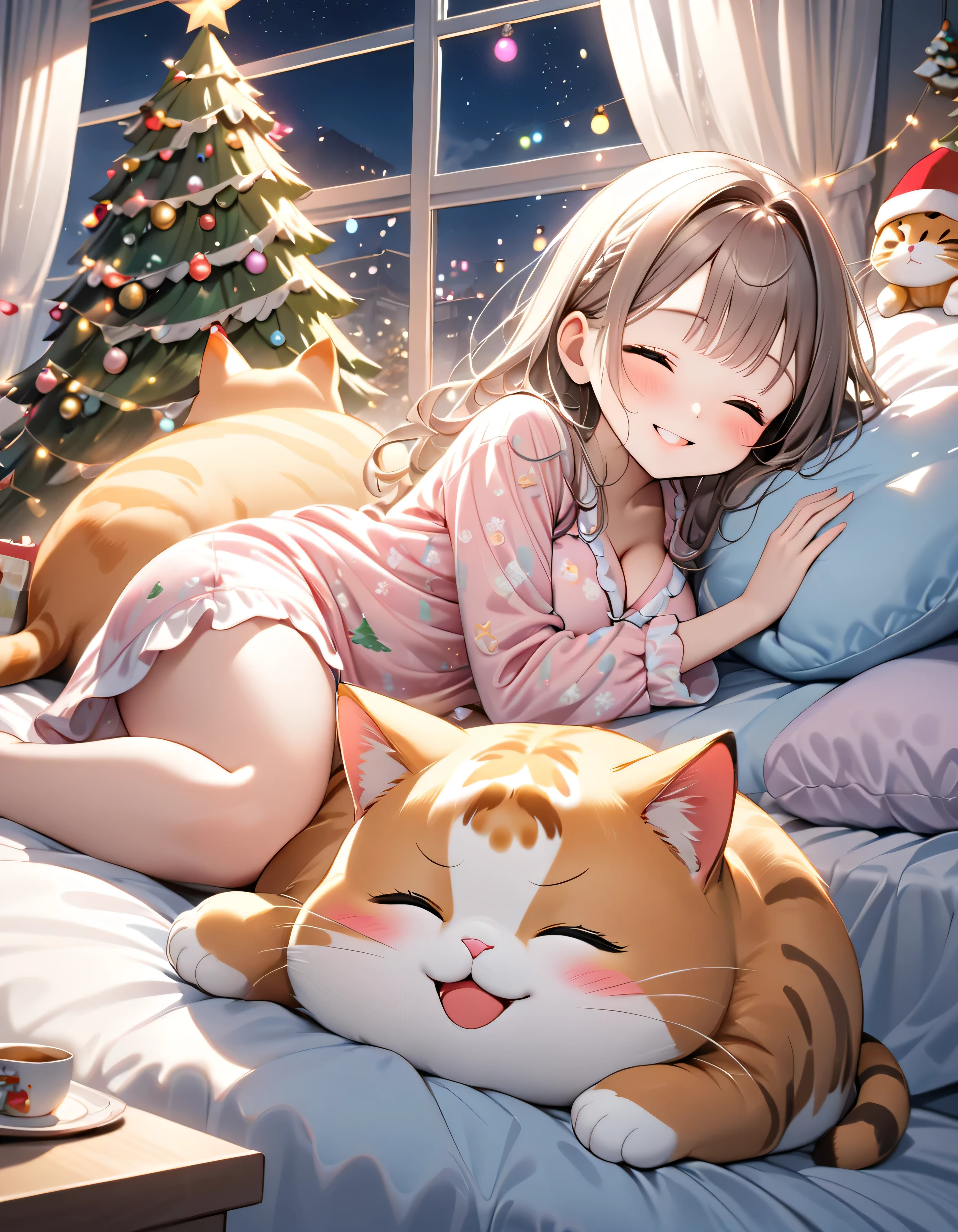 (masterpiece), ( Ultra Details, top quality , clear focus, drastic scene , like the movie ), shadow, ( super high res, 8k), Perfect Anatomy, perfect face, ( detailed face ), (Close Eyes Details ), (Chibi), cute Japanese Chibi girl, famous Japanese Chibi idol, very pretty and adorable 、Cool face, ( Wearing Cute Roomwear :1.2), Sleeping, ( Big Breasts), ( She's Sleeping in Bed with Her Cute Giant Fat Cat :1.2), Stylish Table and Chair with Cute Furniture , At night, Window Closed Drapes , Cute Decorated Room for Christmas , She's smiling , dynamic angle, ( Very Adorable Giant Fat Cat Cries :1), professional writing , (Lots of Cute Cats :1.2), ( Christmas tree richly decorated with illuminations by the bed with a giant fat cat :1.2), They Look So Happy , ( Christmas light :1.2), EXTRA WIDE ANGLE