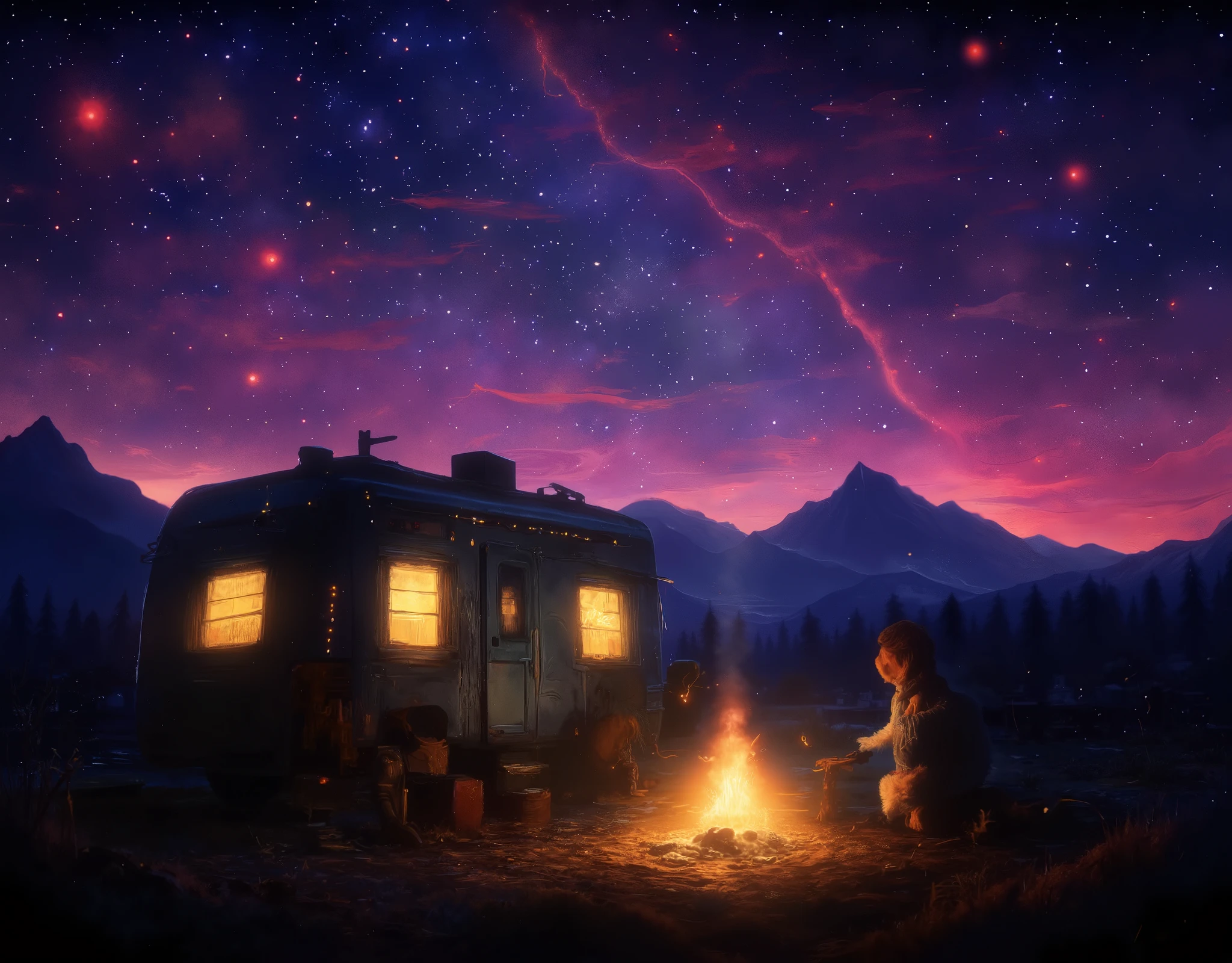 1.background: 깊고 신비한 핑크빛과 보라빛 밤하늘이 background을 차지하고, , and the stars are shining all over the sky .  It crosses the sky while drawing a smooth trajectory. .
2. Camping Setup : A pretty Indian tent has been set up, A cozy round bulb decoration hangs around the tent, adding a warm feeling.  The side of the tent also shows a small garland fluttering in the wind .
3. bonfire : 텐트 앞에는 아늑한  bonfire 이 타오르고,  The flame has a warm orange color and warms the surrounding air .  bonfire  근처에는 캠핑 의자와 소파가 놓여 있어 여유로운 분위기를 연출합니다.
4.Camper : 텐트 한쪽에 레트로 느낌이 나는 Camper 가 background에 자리잡고 있어요. Camper 의 창문에서 부드러운 빛이 새어 나오고,  There are small decorative lights hanging around the .
5. Natural Elements : , you can see a small city flowing smoothly and trees in the forest,  moonlight shines softly through the leaves. .