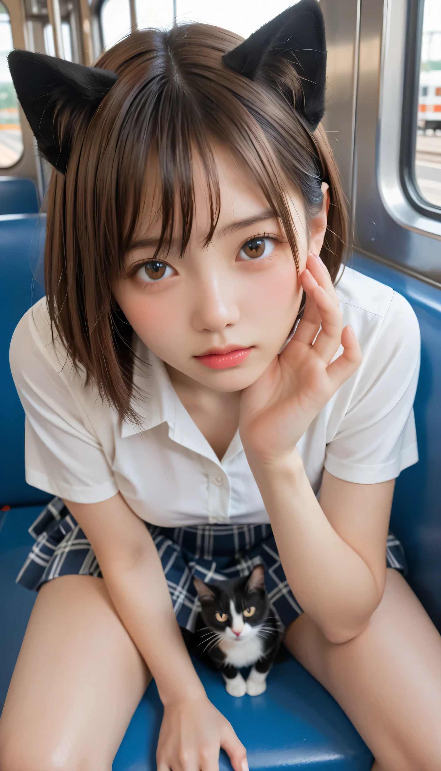 in train, head back, side head, Cat-Eared Girl, short hair, brown eyes, (Japanese Gal), (plain Japanese face ), pov, highly detailed skin, best quality, super detailed face, vibrant colors, (Curvaceous body), one girl, Alone, shy and cry and (angry:0.1) and hot and confused, Brown Hair, skirt, white blouse, a red ribbon, sit on train seat, wet seat, beautiful thighs, (embarrassing), cat pose, Shiny thighs, wet micro panties, close up (love juice, pussy juice:1.1),