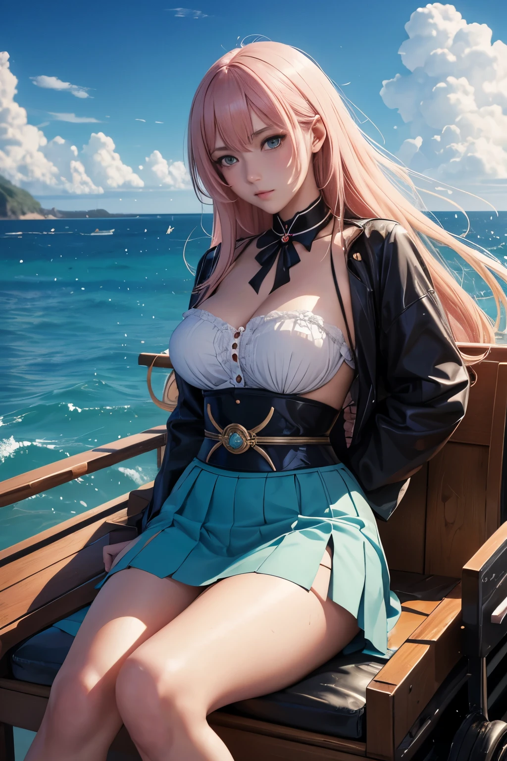 masterpiece, best quality, dusk, sunset, sea, over the sea, absurdres, wallpaper, 2girls, long hair, pink hair, antenna hair, hair bow, gradient_eyes, cat_ears, excited, embarrassed , blush, shy, nose blush , blue eyes, large breasts, cleavage dress, bare legs, indian_style, skirt lift, adjusting_thighhigh,