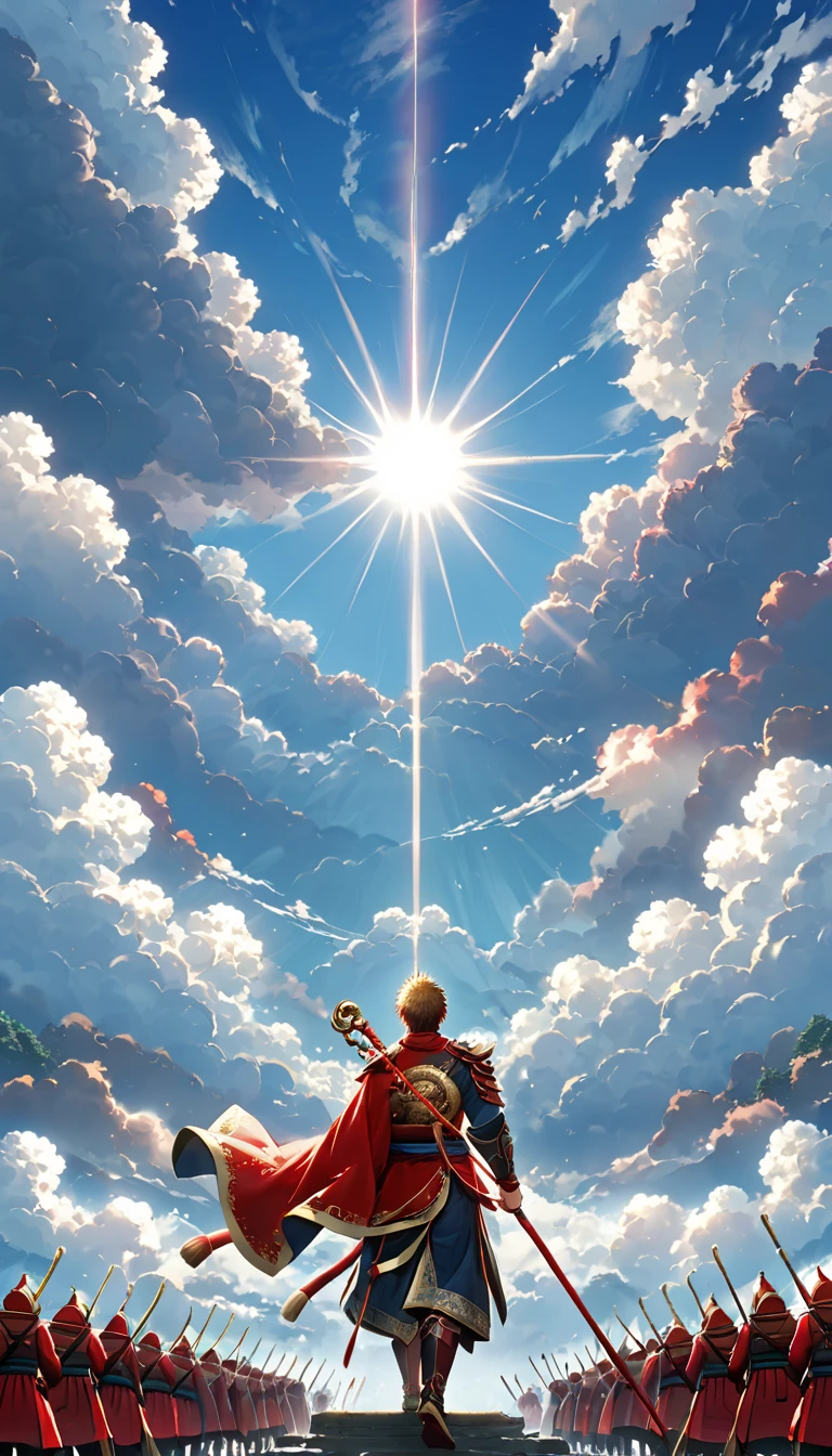 Sun Wukong monkey standing looking at the sky where there are hundreds of heavenly warriors in the clouds,  Sun Wukong turning his back to the camera ,  Wukong holding a straight cane gold with red, Sun Wukong monkey with red cape 