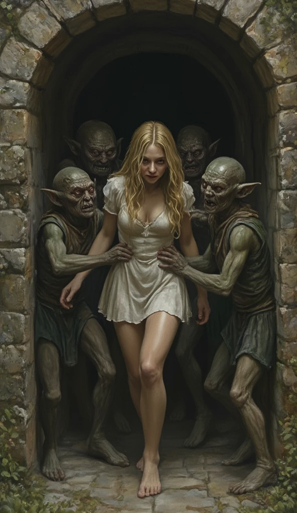 ((high resolution, super detailed frame)), ((focus on small details and atmosphere of the scene)) spring, medieval motives, beautiful girl, long blonde hair, sexy body, in a short white dress, bare legs. Standing in the corridor of an old mansion near the entrance to a dark tunnel. Scared face. Fighting off old goblins. Ugly evil goblins are chasing her. Goblins touch her body. Against the background of old walls.