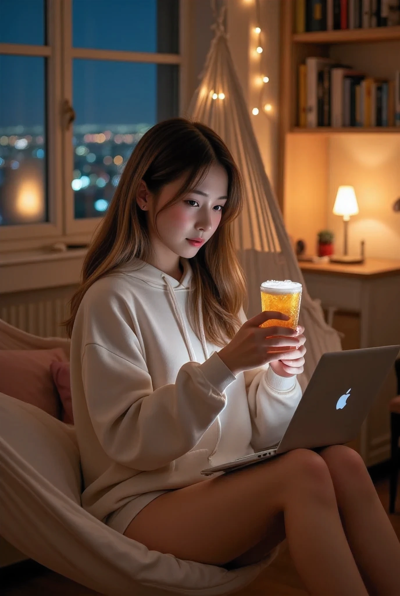 In a cozy and softly lit bedroom, School uniform, spread legs, a beautiful girl sits comfortably in a hammock strung between two walls. She has a small, sleek laptop balanced on her lap, its screen glowing softly. In her right hand, she holds an opened can of beer, condensation dripping down its sides, while her left hand operates an iPhone with practiced ease. Her cheeks are flushed a soft pink, hinting at excitement or perhaps the effect of the drink. Her long, slightly wavy hair cascades over her shoulders, and she wears a casual yet stylish outfit—a loose, oversized hoodie and snug shorts, highlighting a relaxed vibe. The hammock sways gently, surrounded by the warmth of the room, which is adorned with fairy lights, bookshelves filled with novels, and scattered cushions. Outside the window, a faint cityscape glimmers in the night, adding to the serene yet lively mood of the scene. The focus remains on her expression, a mix of youthful excitement and absorbed concentration as she interacts with her phone while multitasking effortlessly.