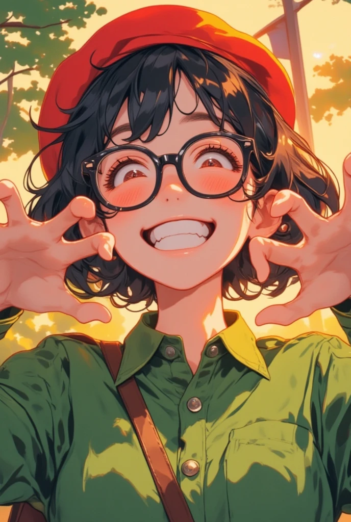 (masterpiece, high quality, high definition, 4k, 8k, detail), Japanese cute girl (lofi girl, cute face) (black hair, short hair, black rimmed glasses, red beret, green shirt dress), happy hands, fun atmosphere, close-up of upper body. Various poses,