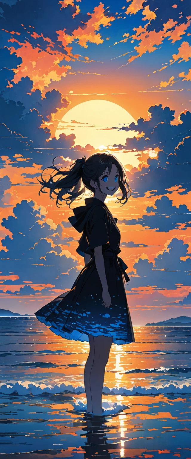 この画像teeth is、     It depicts a silhouette of a girl standing against a beautiful sunset.。.    light      ,     horizon   、   dark black     ,  teeth、 . その人teeth、 この画像teeth 。,      As it approaches the horizon  、  ,    、  from    {x} deep electric blue as it rises close to the    horizon    {x}   Dark Silhouette   .    Owl Under Guardのカラフルでかわいいコチニールの父  ，この人物teeth片腕を伸ばしているように見えます., おそらくそれteeth&#39;     interacting with、   、  その周囲は horizon に近づくにつれて濃い赤 、  Light     .  画像の全体的な雰囲気teeth穏やかで魔法のようなものです ..